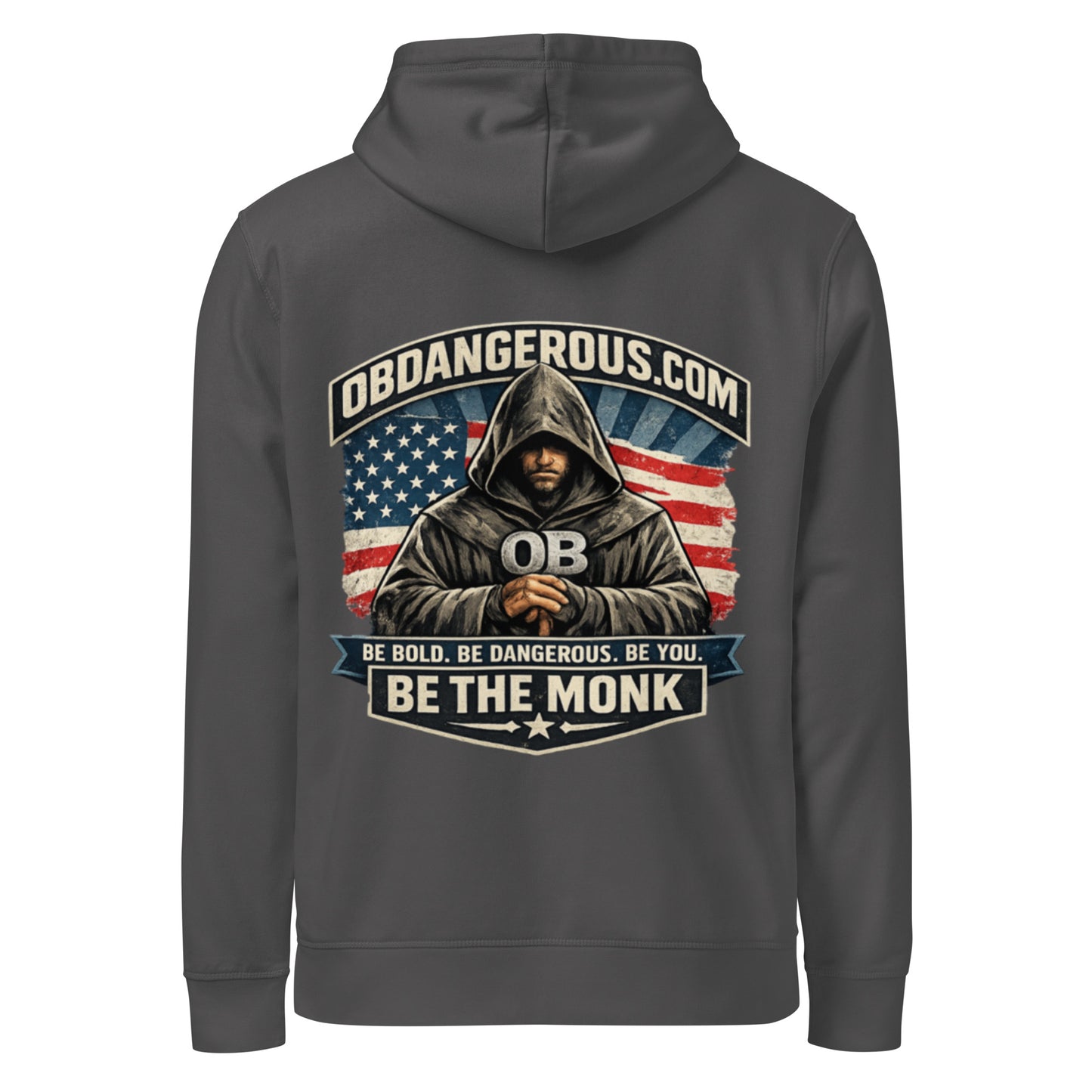 Unisex organic mid-weight hoodie from Be The Monk by OB DANGEROUS, shown in anthracite from the back, designed for gym and street wear.