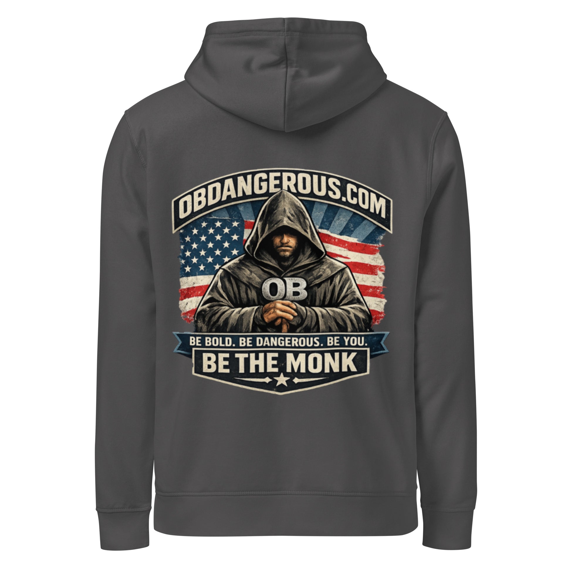 Unisex organic mid-weight hoodie from Be The Monk by OB DANGEROUS, shown in anthracite from the back, designed for gym and street wear.