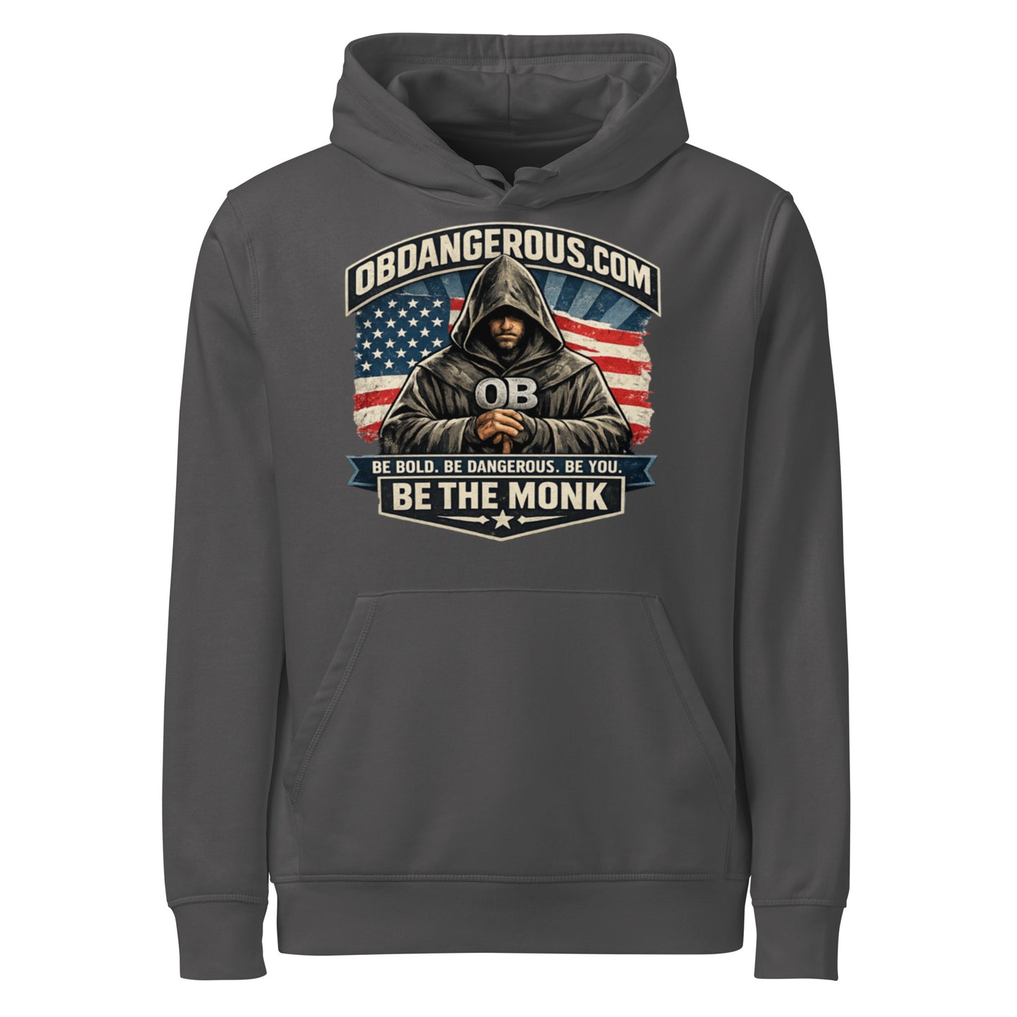 Unisex organic mid-weight hoodie from Be The Monk by OB DANGEROUS, shown in anthracite with front design, casual streetwear style.