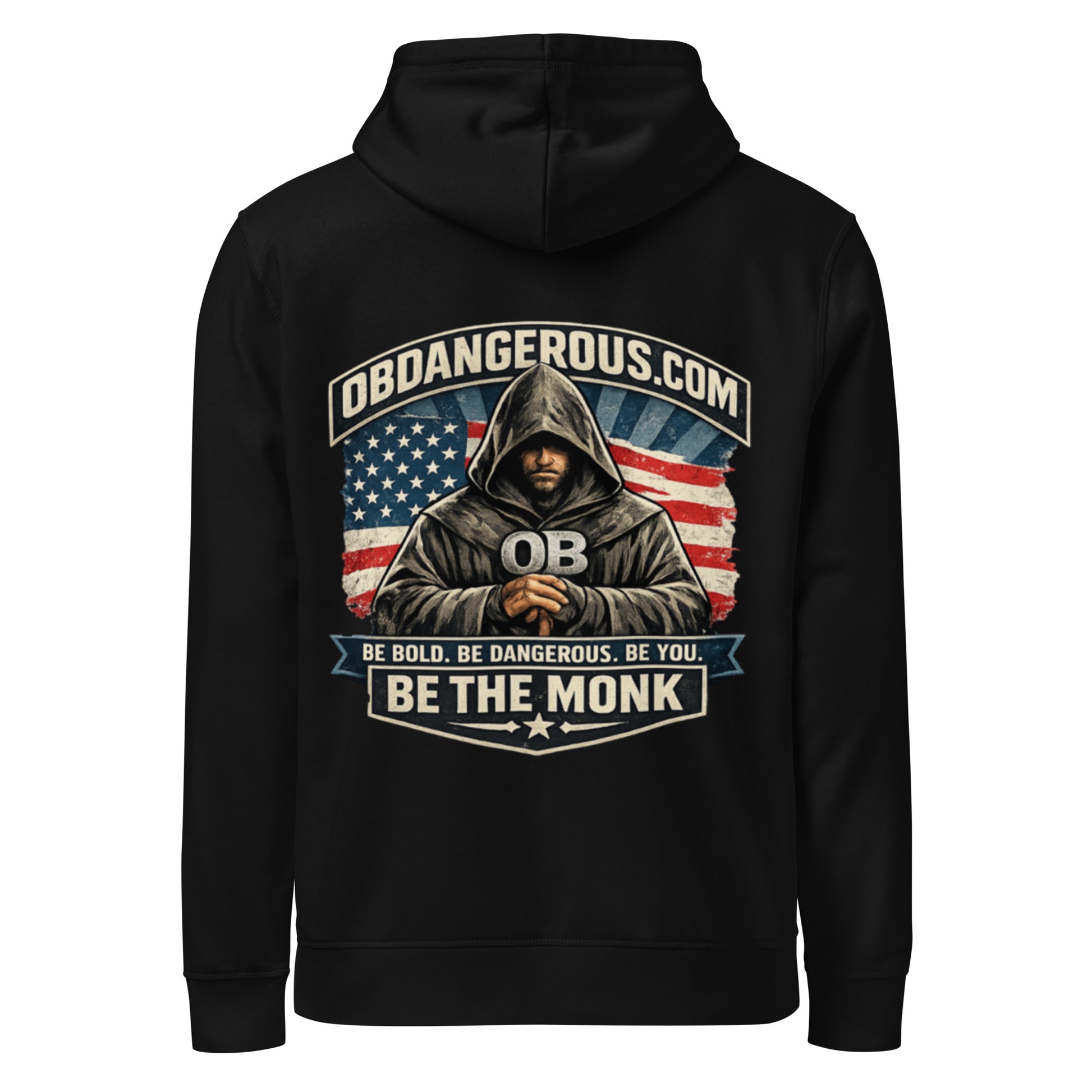 Black unisex organic mid-weight hoodie by OB DANGEROUS featuring a drummer graphic on the back, designed for gym and street wear.