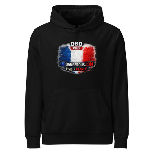 Black Viva Le France unisex organic mid-weight hoodie with front design, by OB DANGEROUS, suitable for gym, street, and casual wear.
