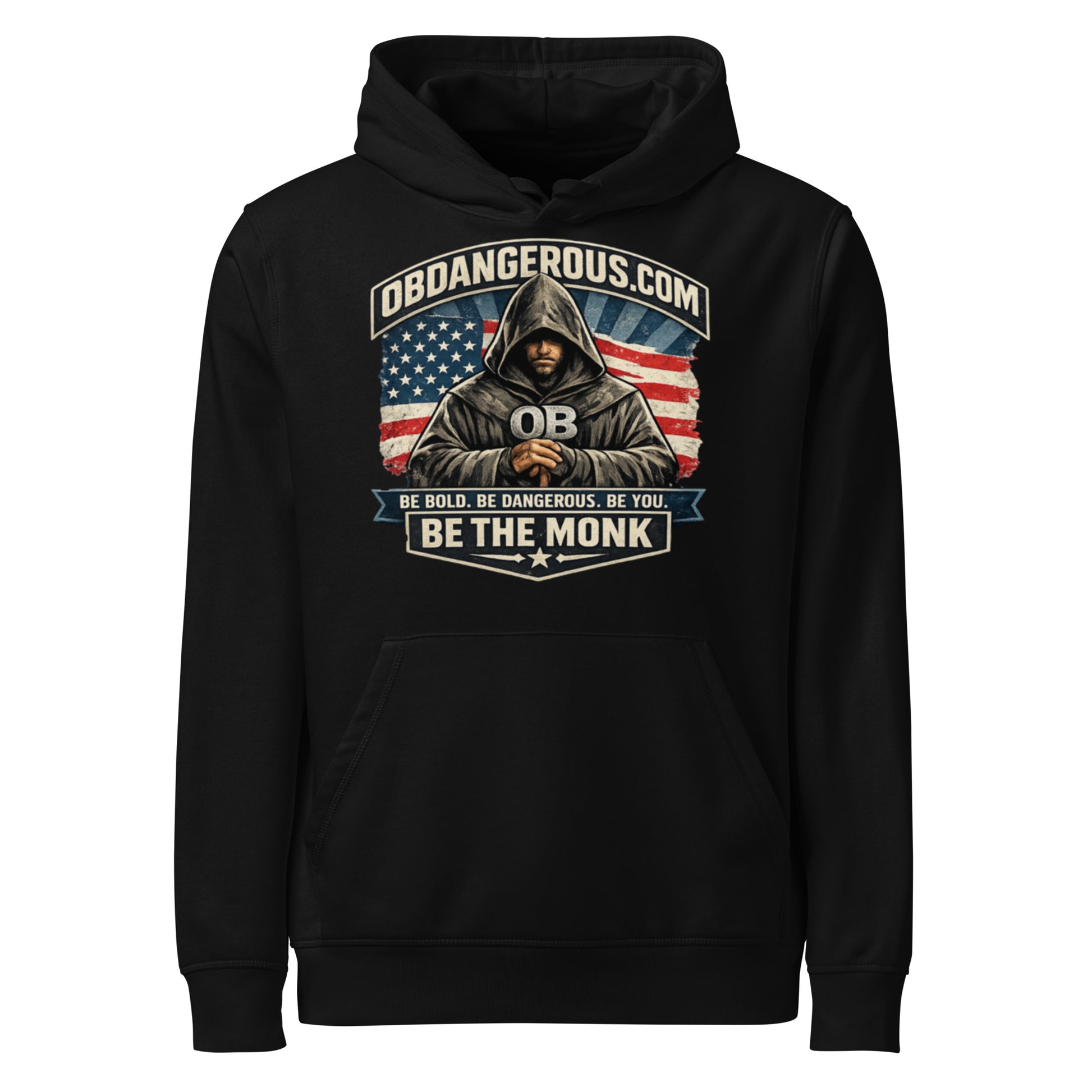 Black unisex organic mid-weight hoodie by OB DANGEROUS, featuring a front design, ideal for gym, street, and casual wear.