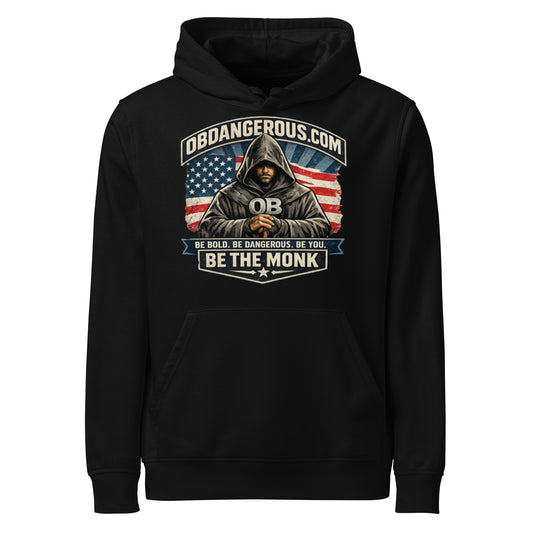 Black unisex organic mid-weight hoodie by OB DANGEROUS, featuring a front design, ideal for gym, street, and casual wear.