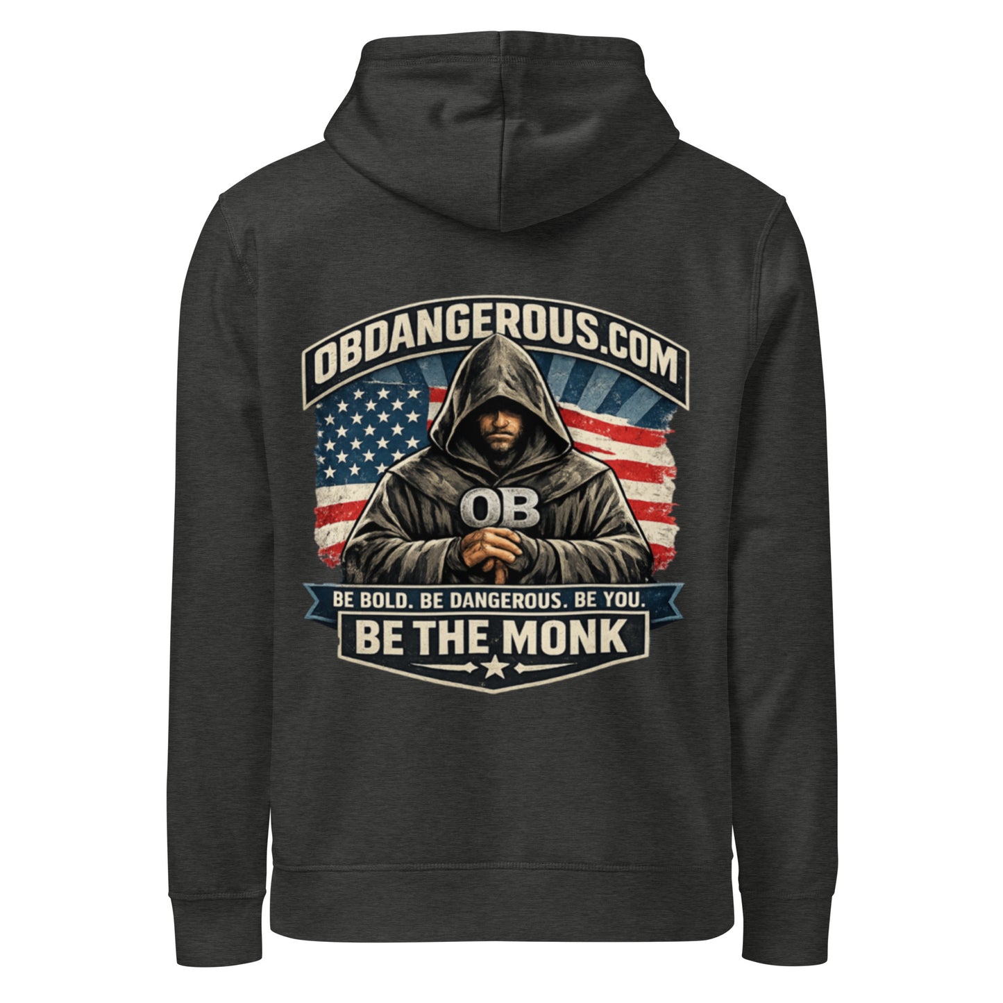 Unisex organic mid-weight hoodie in dark heather grey with "Be The Monk" design, from OB DANGEROUS, suitable for gym and street wear.