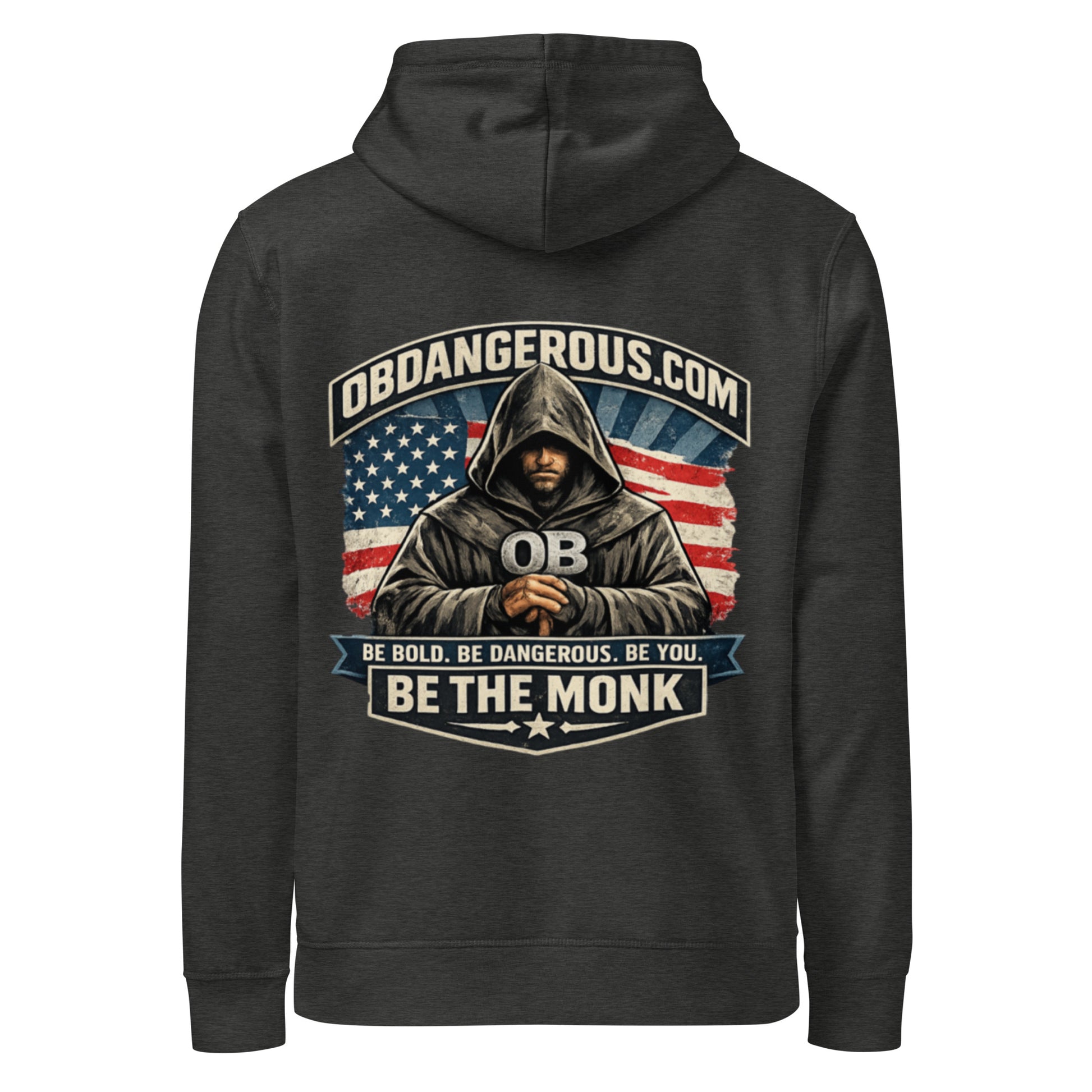 Unisex organic mid-weight hoodie in dark heather grey with "Be The Monk" design, from OB DANGEROUS, suitable for gym and street wear.