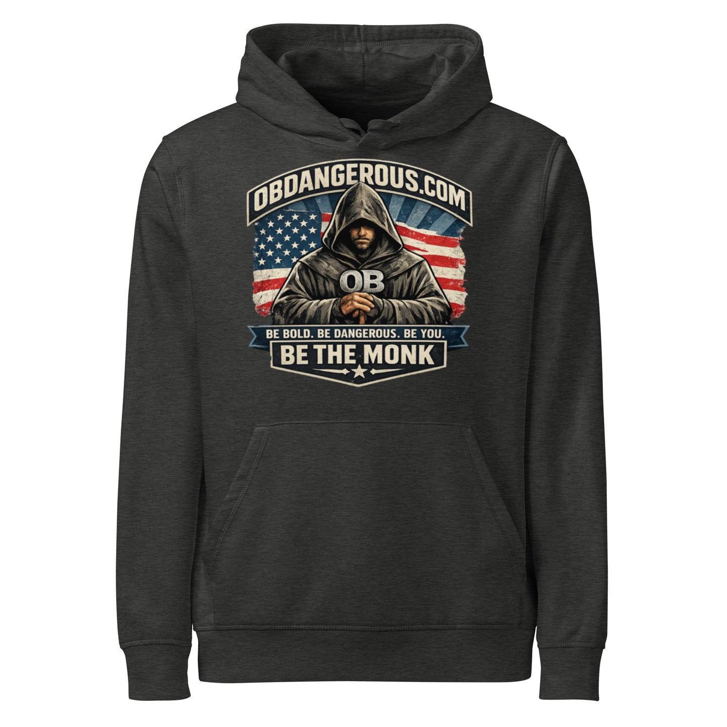 Unisex organic mid-weight hoodie in dark heather grey with "Be The Monk" logo, designed by OB DANGEROUS for gym and street wear.