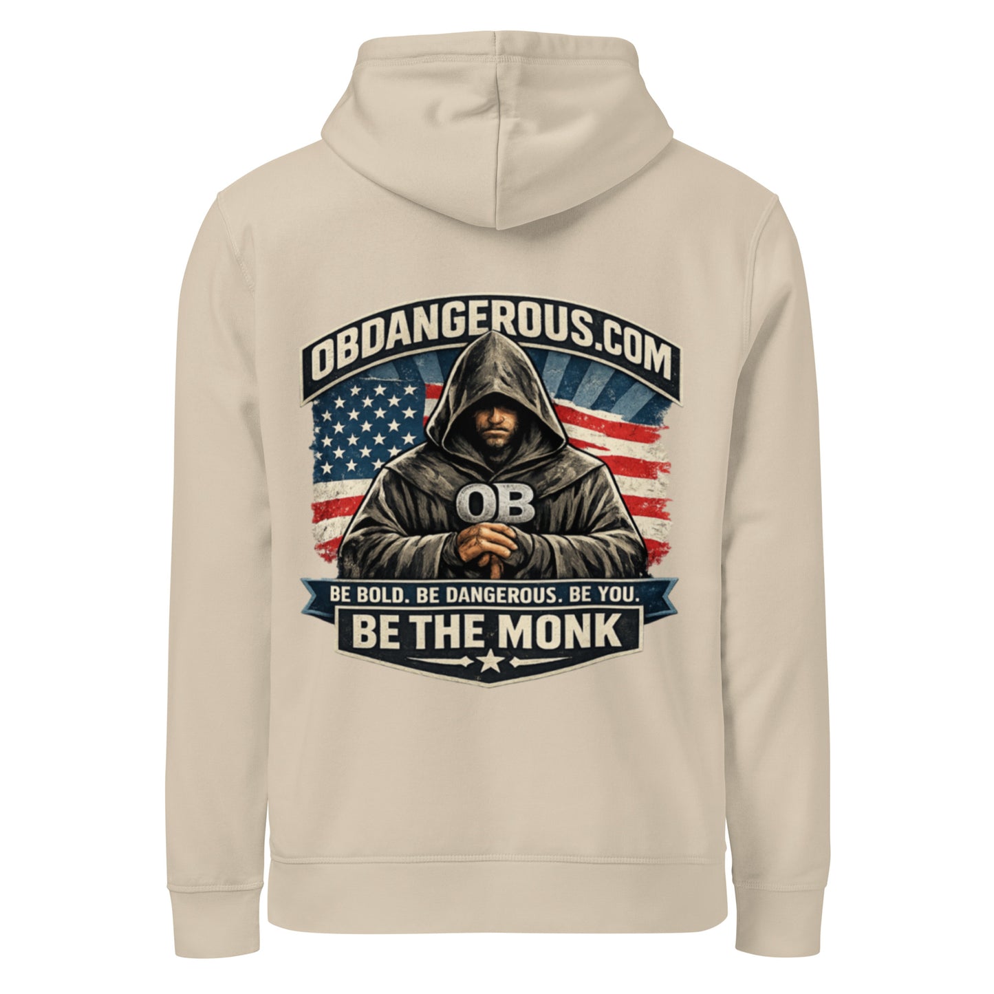 Unisex organic mid-weight hoodie by OB DANGEROUS, with desert dust color, back view showing hoodie and relaxed fit.