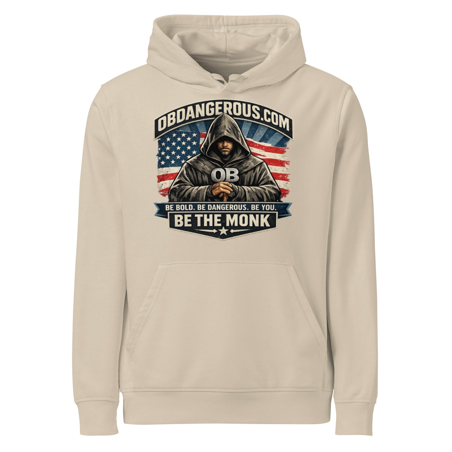 Unisex organic mid-weight hoodie by OB DANGEROUS featuring desert dust color, front view, suitable for gym and street wear.
