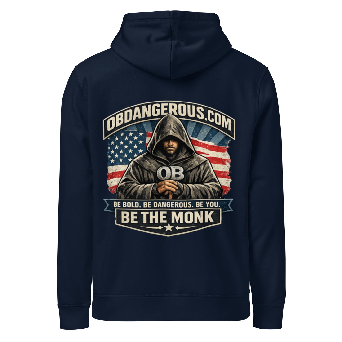 Unisex organic mid-weight hoodie in French Navy with logo design, ideal for gym, street, and casual wear by OB DANGEROUS.