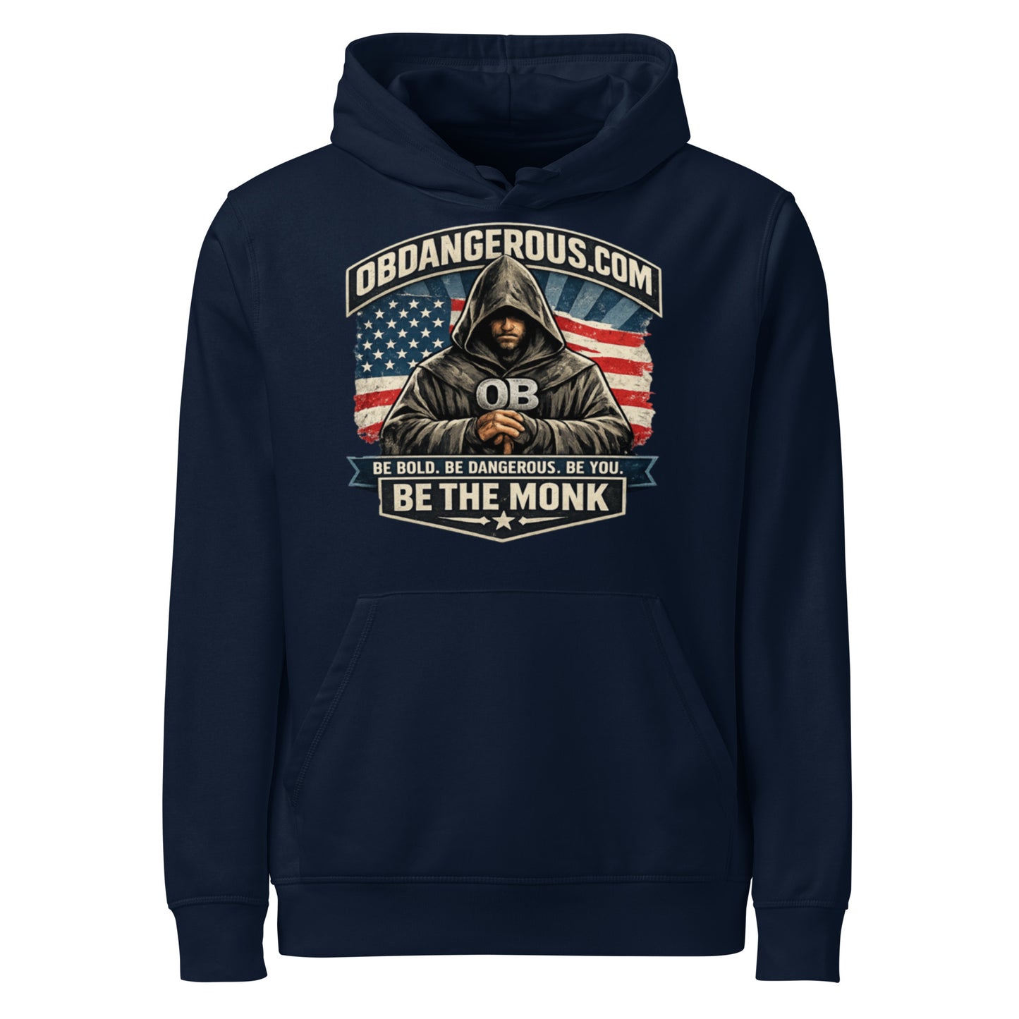 Unisex organic mid-weight hoodie in French navy with front design, from OB DANGEROUS, suitable for gym, street, and casual wear.