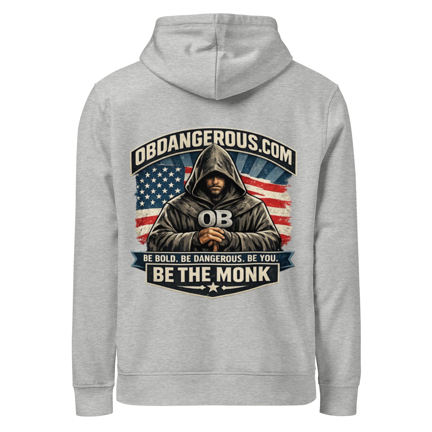 Heather grey unisex organic mid-weight hoodie by OB DANGEROUS, featuring a back view and casual streetwear style.