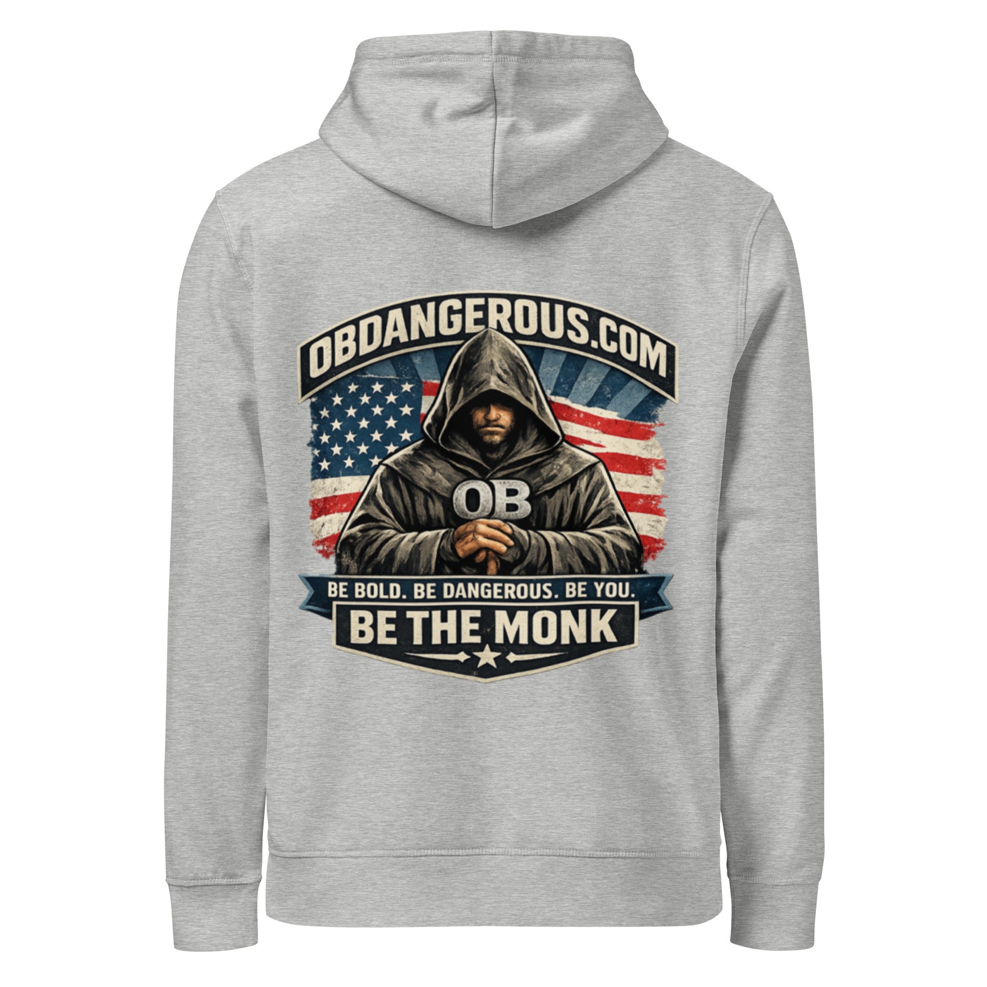 Heather grey unisex organic mid-weight hoodie by OB DANGEROUS, featuring a back view and casual streetwear style.