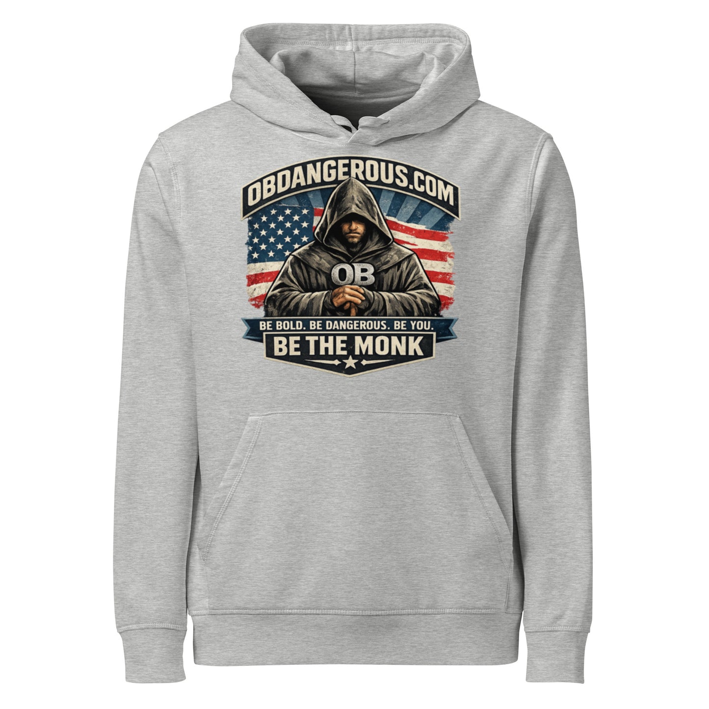 Unisex organic mid-weight Heather Grey hoodie by OB DANGEROUS, designed for gym and street, featuring a stylish, comfortable fit.