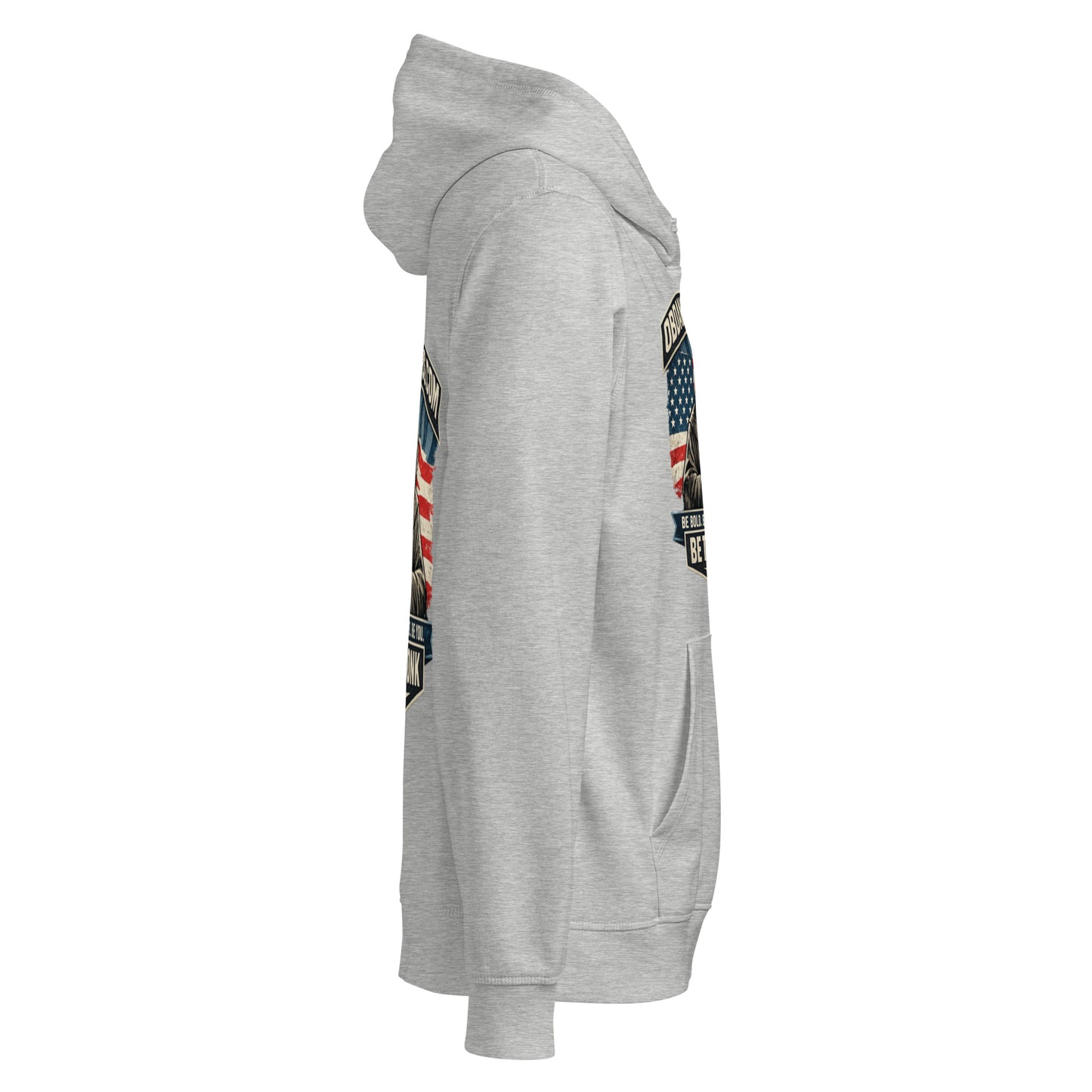 Unisex organic mid-weight hoodie by OB DANGEROUS, heather grey, casual streetwear style, displayed on a hanger.
