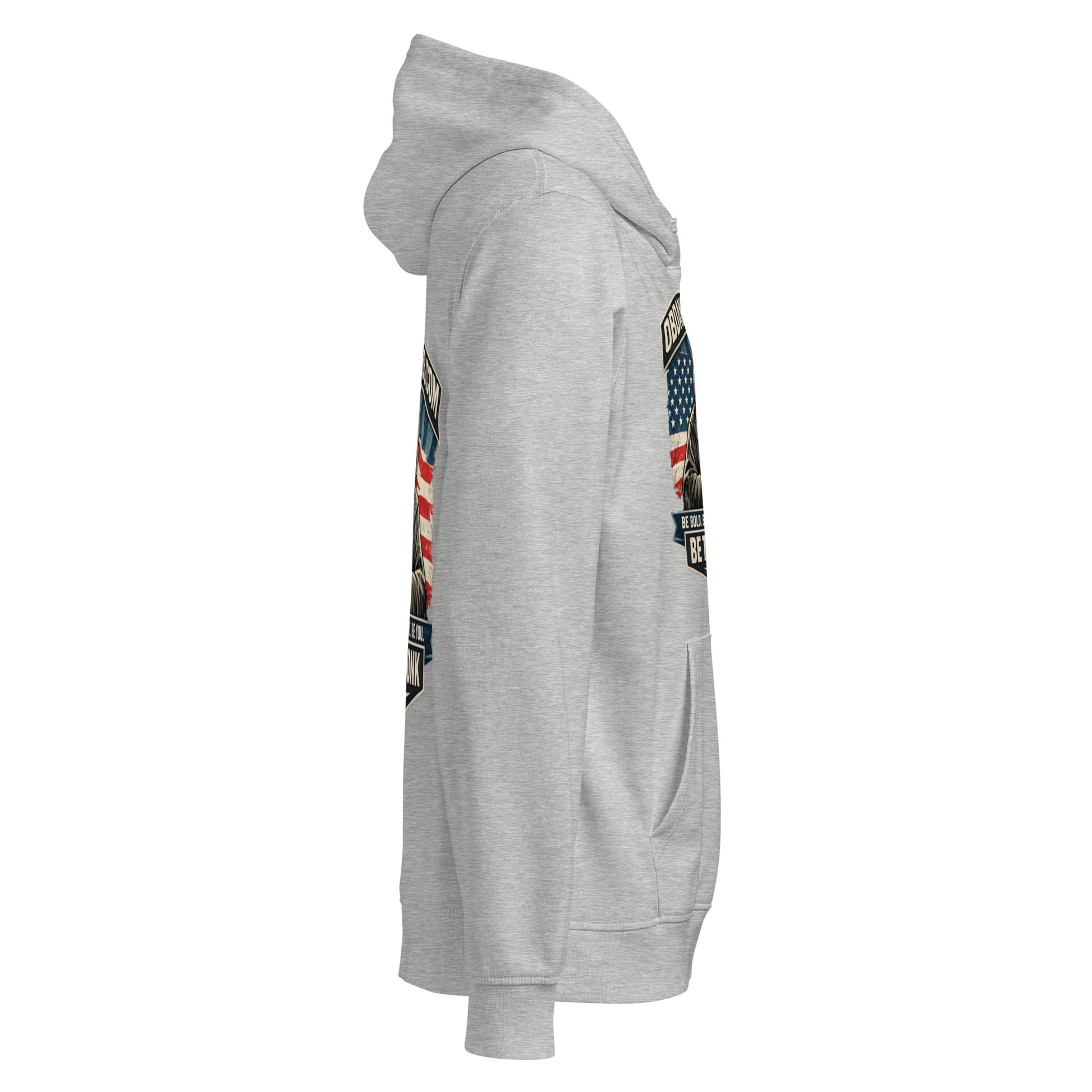 Unisex organic mid-weight hoodie by OB DANGEROUS, heather grey, casual streetwear style, displayed on a hanger.