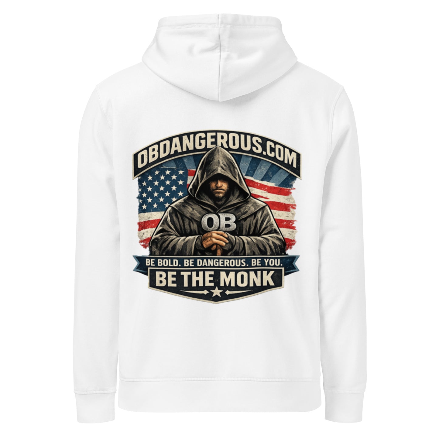 Unisex white organic mid-weight hoodie by OB DANGEROUS, featuring a back design, suitable for gym, street, and casual wear