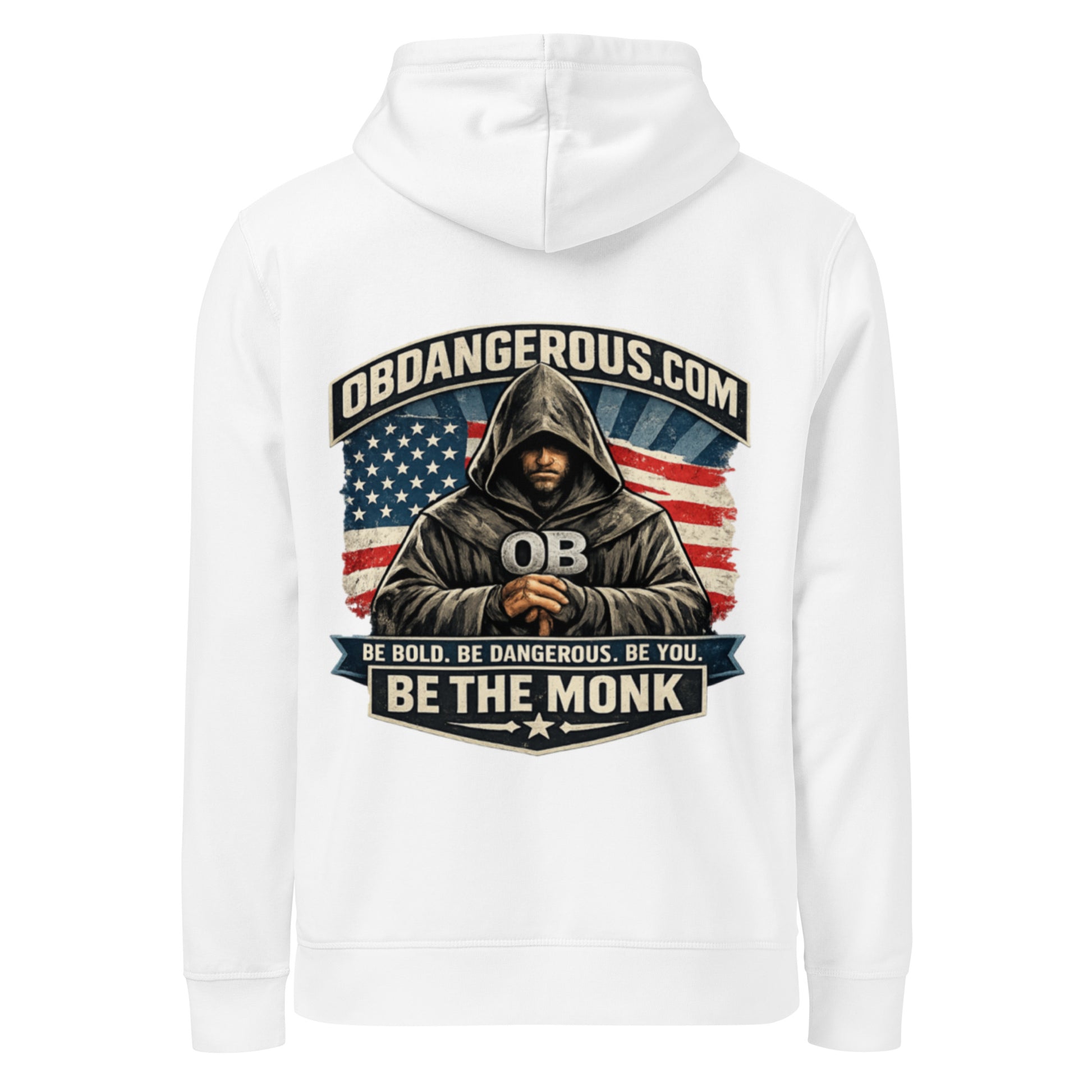 Unisex white organic mid-weight hoodie by OB DANGEROUS, featuring a back design, suitable for gym, street, and casual wear
