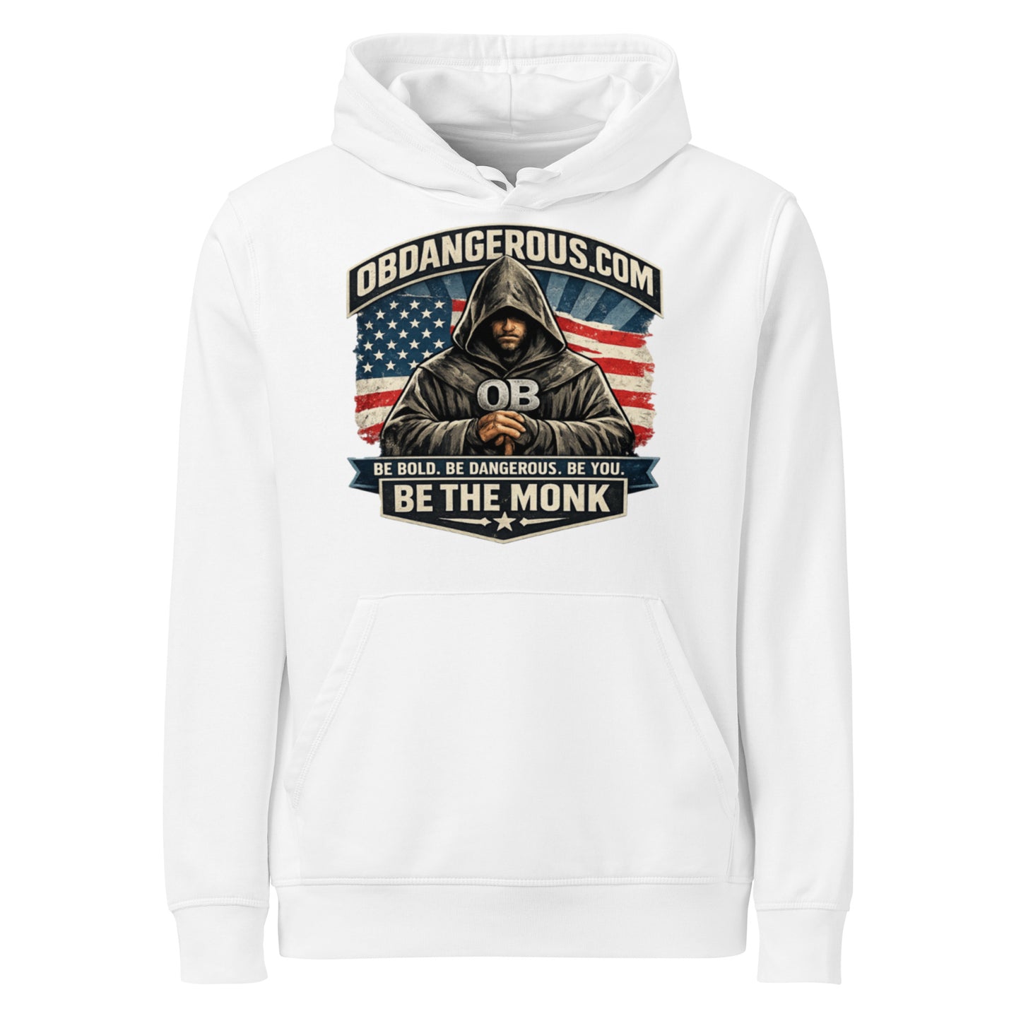 Unisex white organic mid-weight hoodie from Be The Monk by OB DANGEROUS, featuring a front design, perfect for gym or street wear.