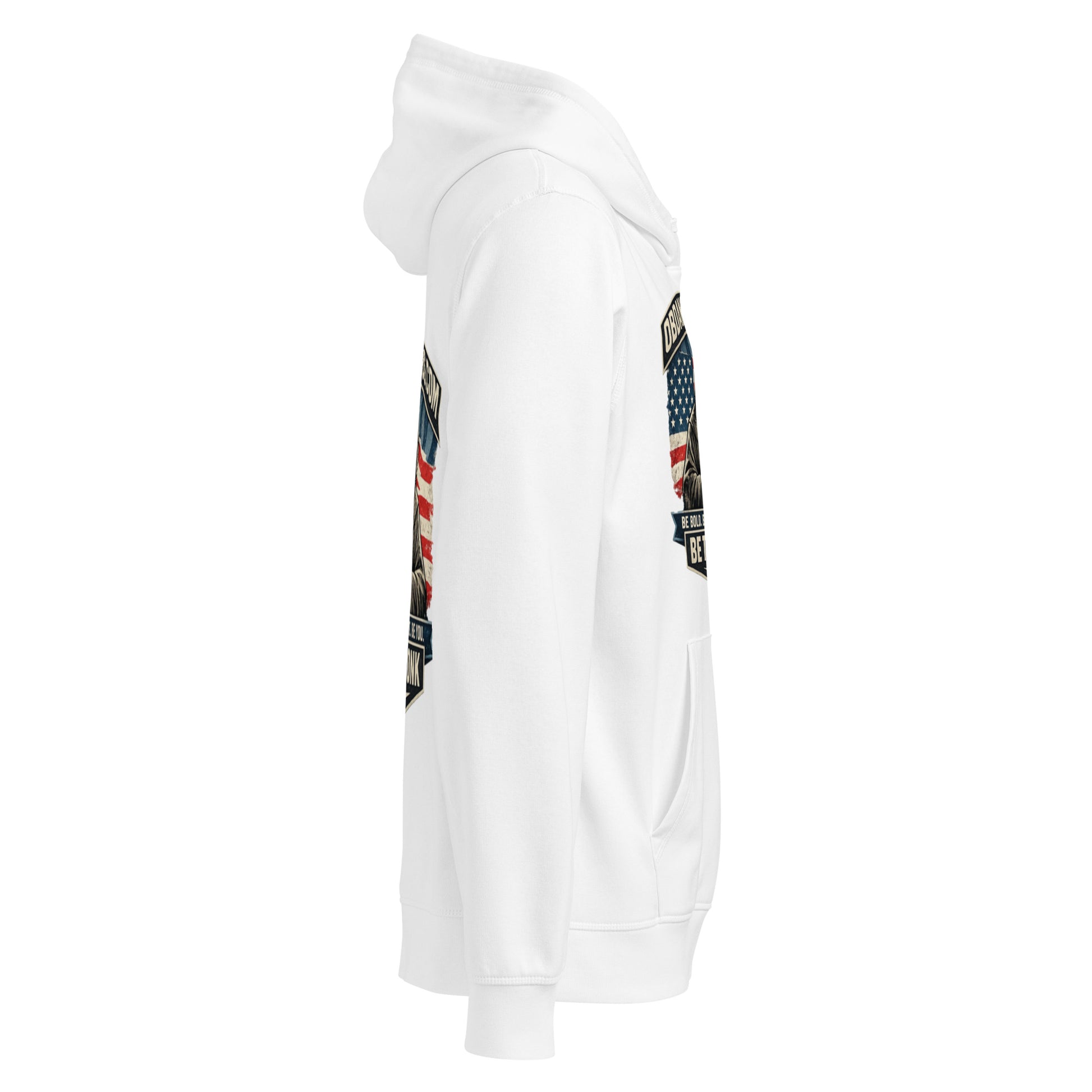 Unisex white organic mid-weight hoodie by OB DANGEROUS, designed for gym and street wear, shown on a model.