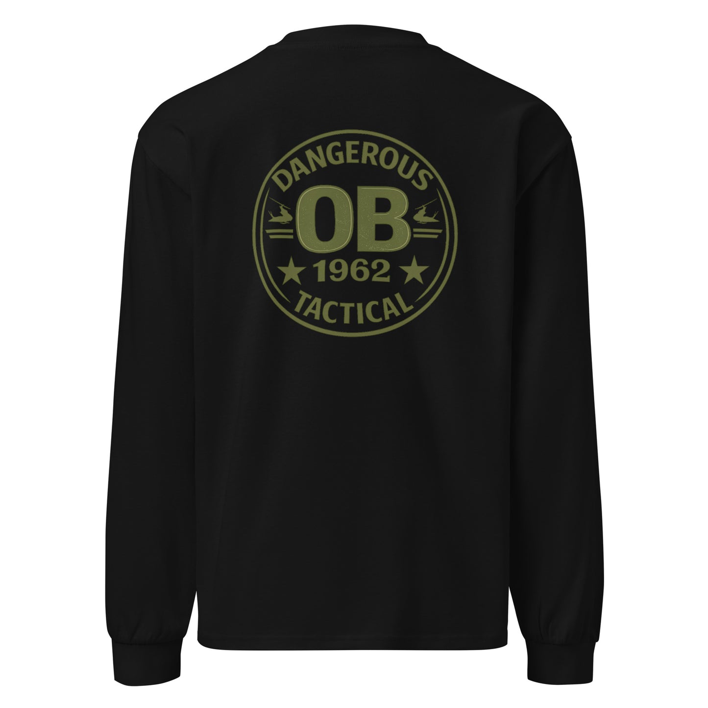 Unisex black heavyweight long sleeve shirt by OB DANGEROUS with bold graphics on back, designed for gym and street wear.
