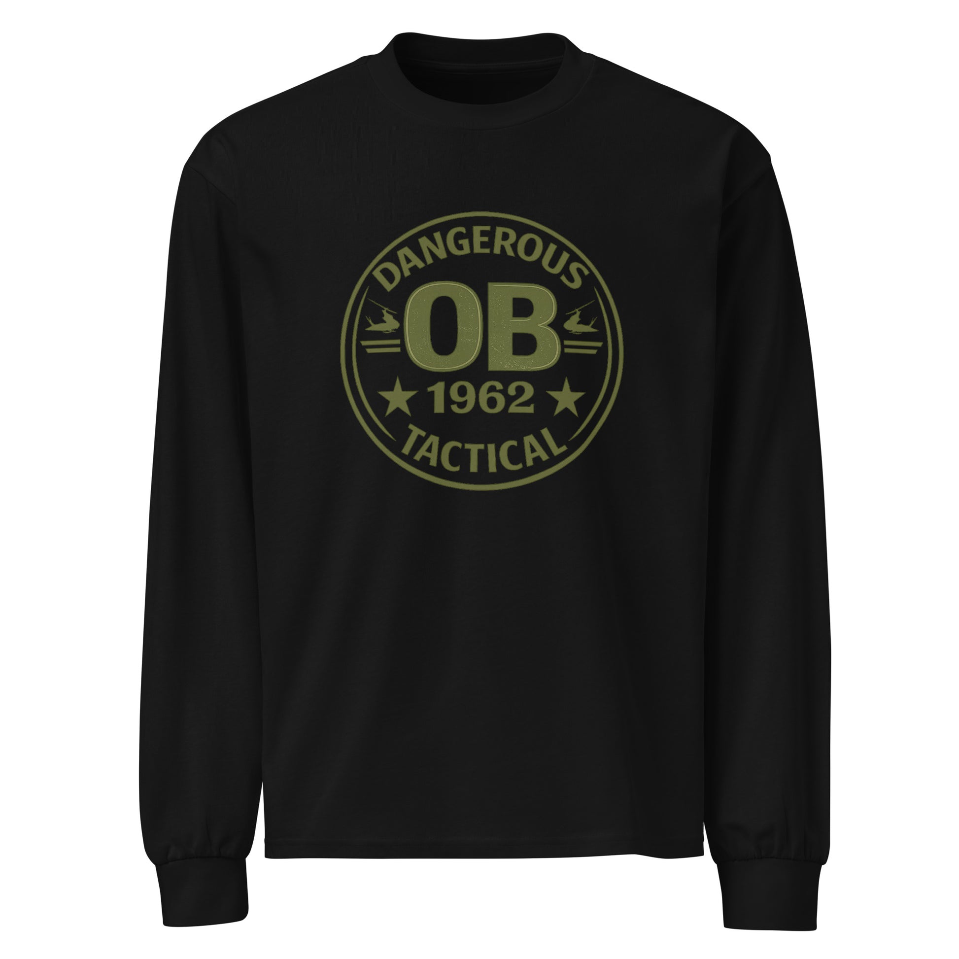 Black Retro OB DANGEROUS premium heavyweight long sleeve T-shirt, unisex design with bold front graphic for gym and streetwear style.