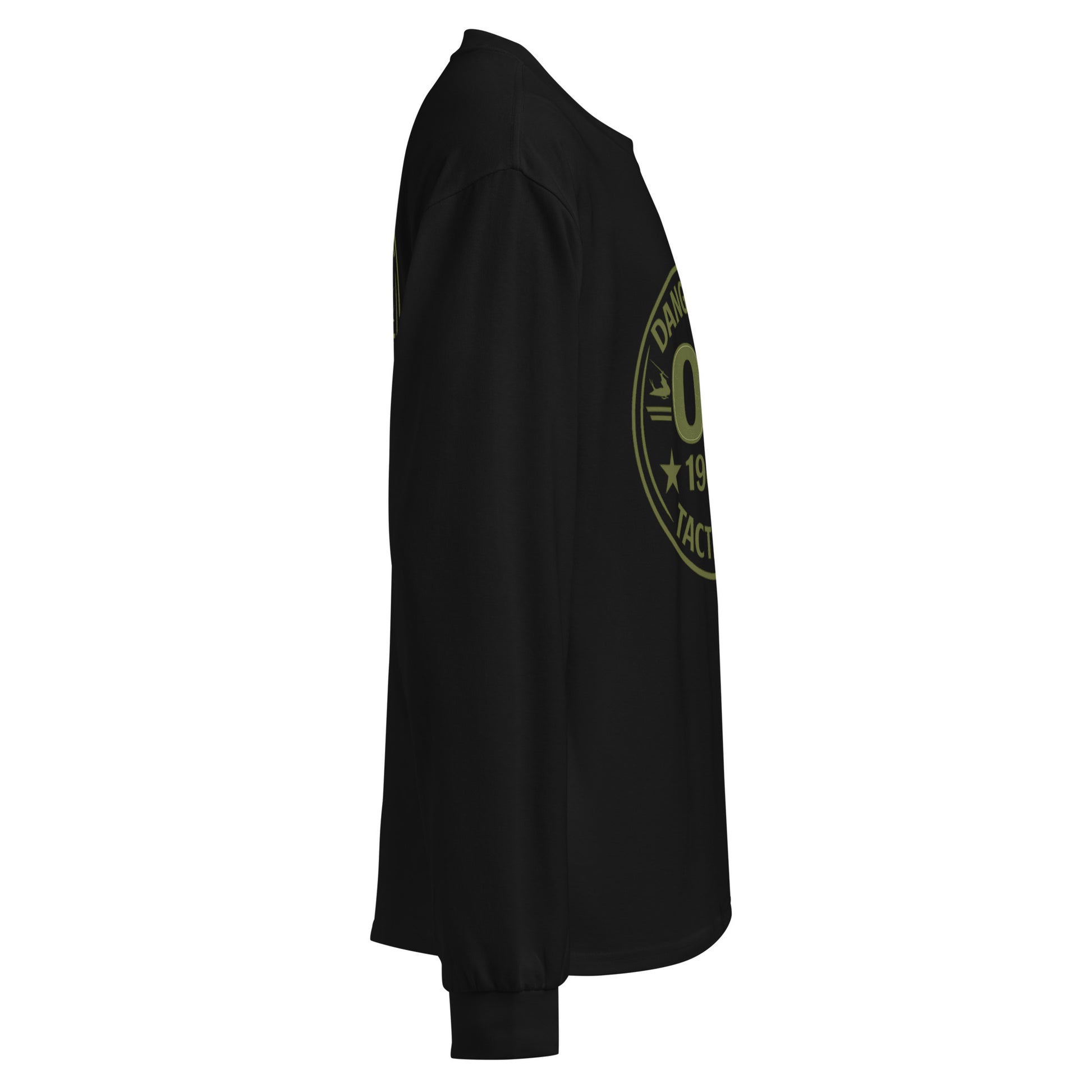 Black Retro OB DANGEROUS long sleeve T-shirt, unisex heavyweight shirt with bold design, ideal for gym and streetwear.