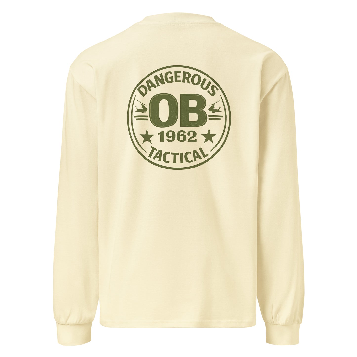 Unisex Retro OB DANGEROUS Premium heavyweight long sleeve T-shirt with bold design on the back, ideal for gym and streetwear style.