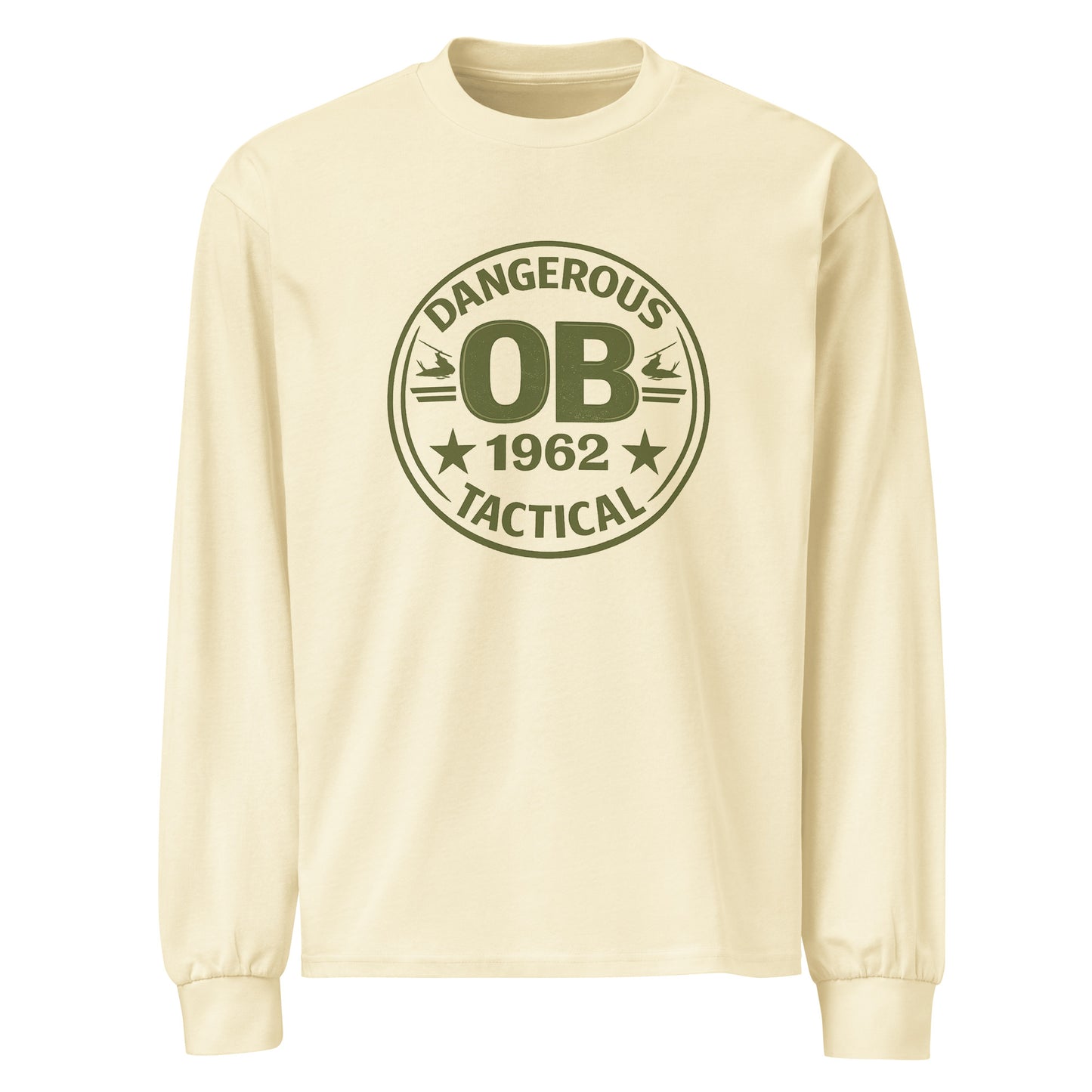 Unisex Retro OBDangerous premium heavyweight long sleeve T-shirt with bold front design, perfect for gym, streetwear, and casual wear.