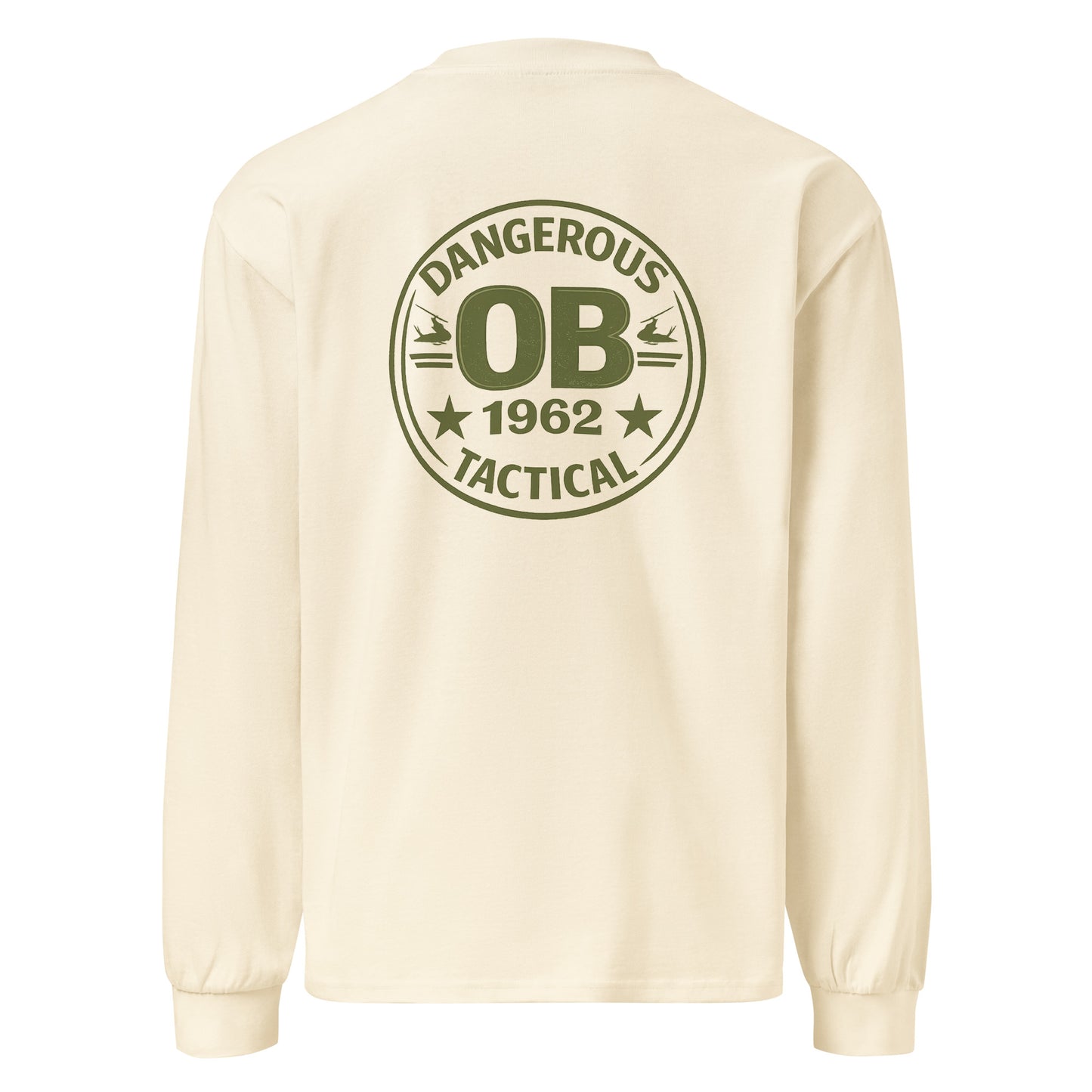 OB DANGEROUS retro heavyweight long sleeve T-shirt in ecru, designed for gym and street, featuring a casual unisex fit and bold style.