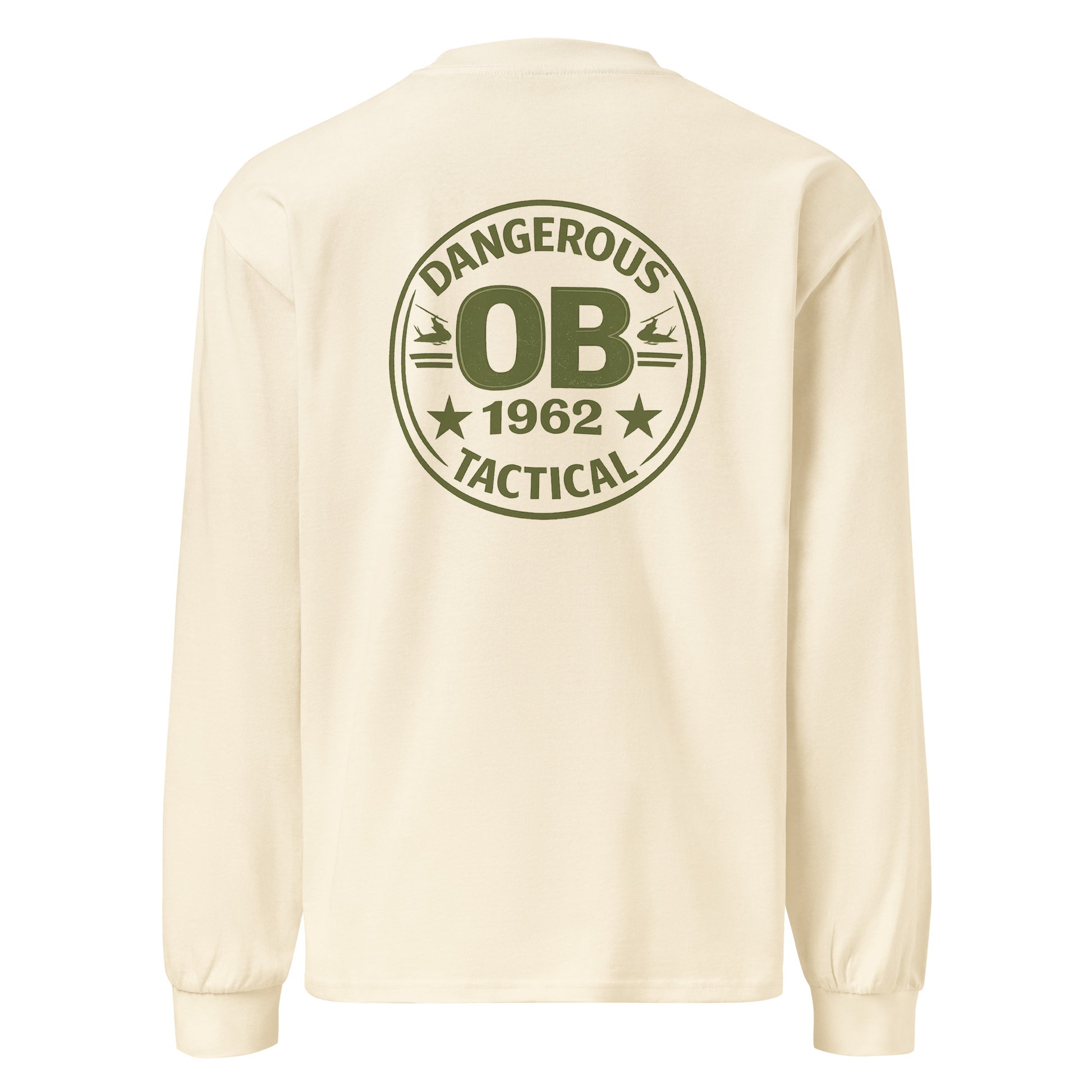 OB DANGEROUS retro heavyweight long sleeve T-shirt in ecru, designed for gym and street, featuring a casual unisex fit and bold style.