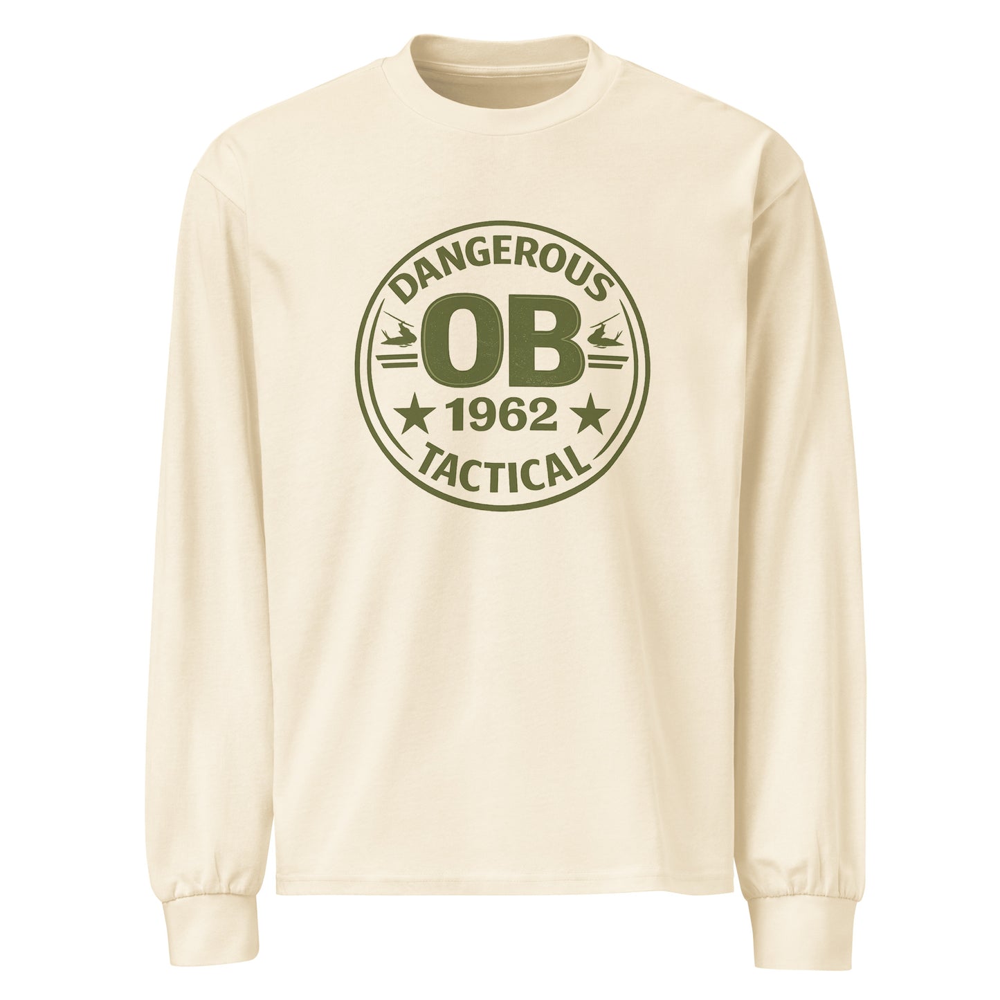 Unisex Retro OBDangerous heavyweight long sleeve T-shirt in ecru with front design, perfect for gym or streetwear.