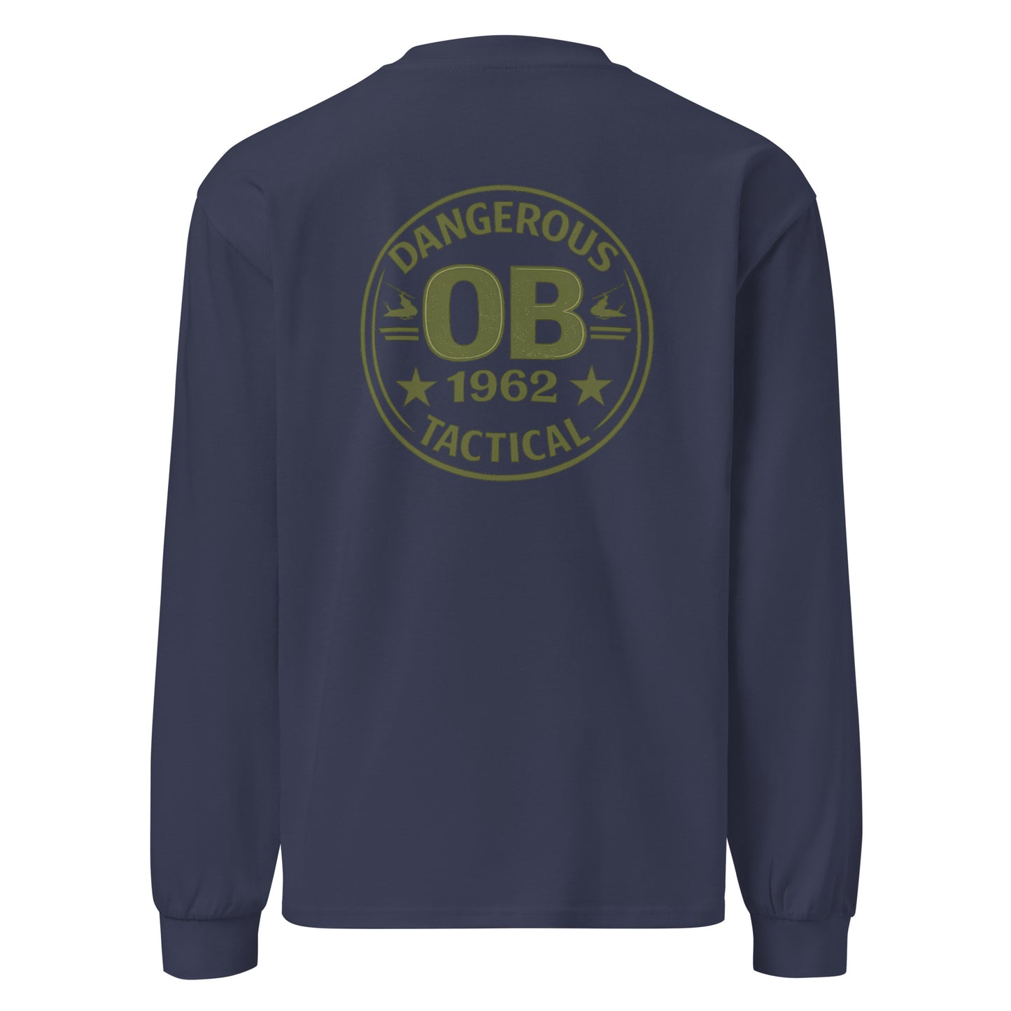 Unisex midnight blue Retro OBDangerous premium heavyweight long sleeve T-shirt with back design, designed for gym and street style.