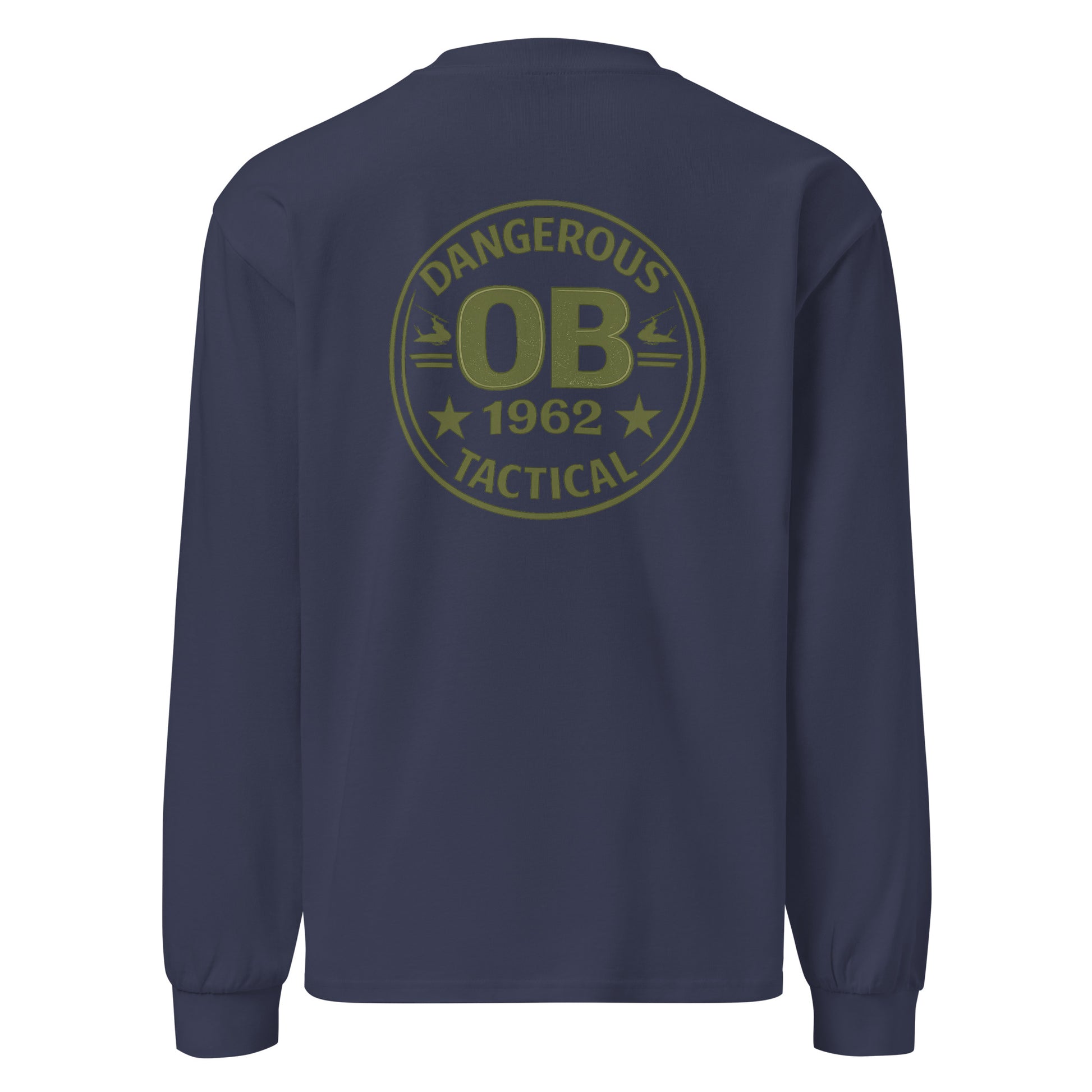 Unisex midnight blue Retro OBDangerous premium heavyweight long sleeve T-shirt with back design, designed for gym and street style.