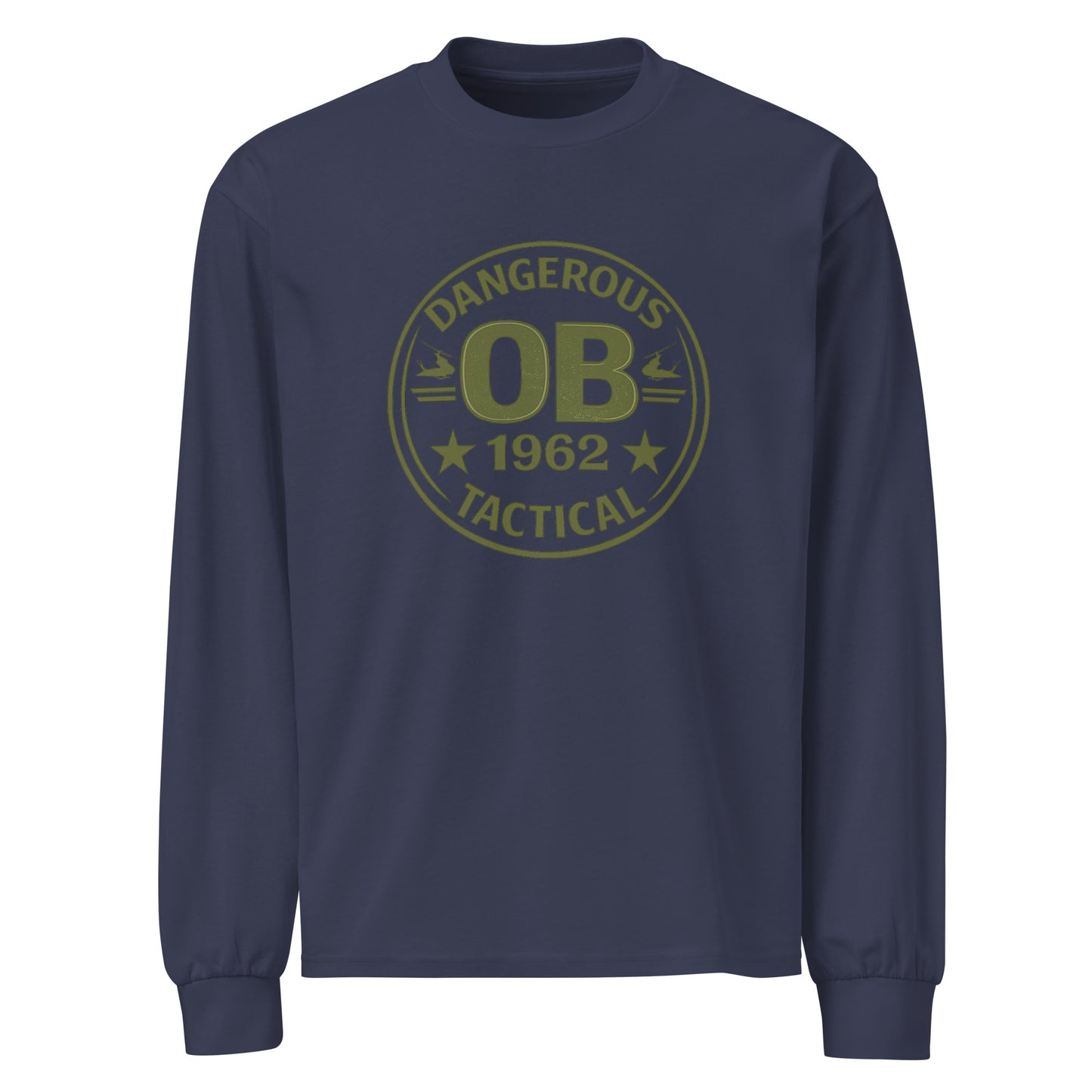 Unisex midnight blue heavyweight long sleeve T-shirt by OB DANGEROUS, designed for gym, street, and casual wear.