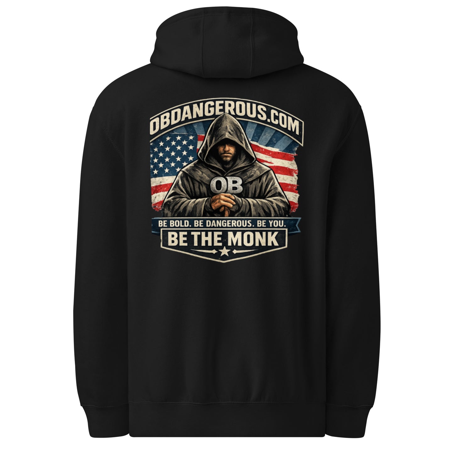 Black Be The Monk unisex premium mid-weight hoodie with back logo, designed for gym, street, and casual wear by OB DANGEROUS.
