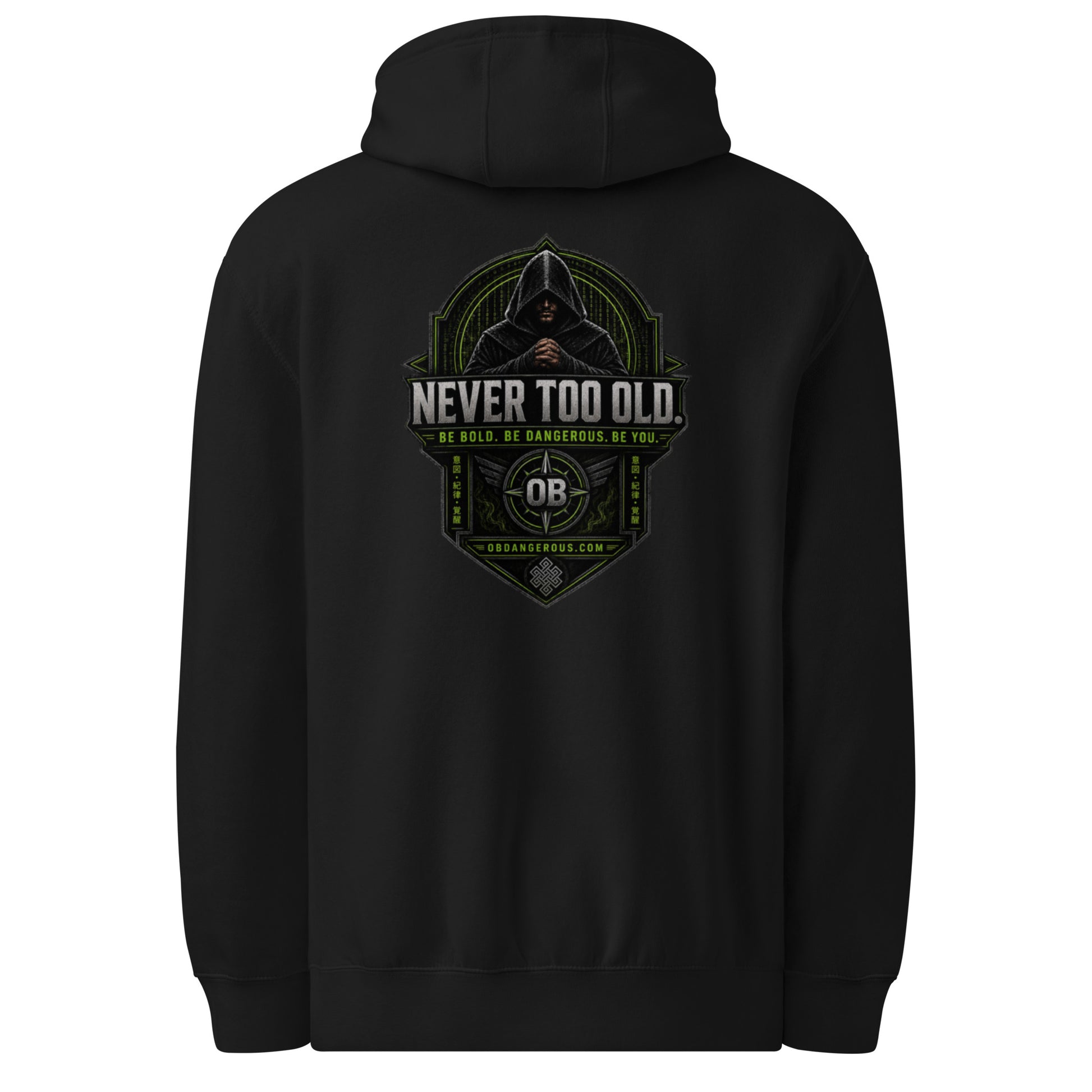 Black Sigma Never Too Old unisex premium mid-weight hoodie, front view showing design and comfortable fit.