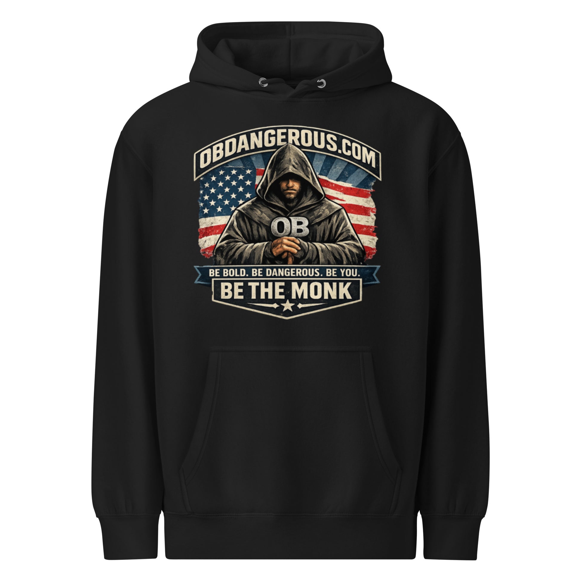 Black unisex Be The Monk premium mid-weight hoodie by OB DANGEROUS, shown from the front, featuring bold graphic design.