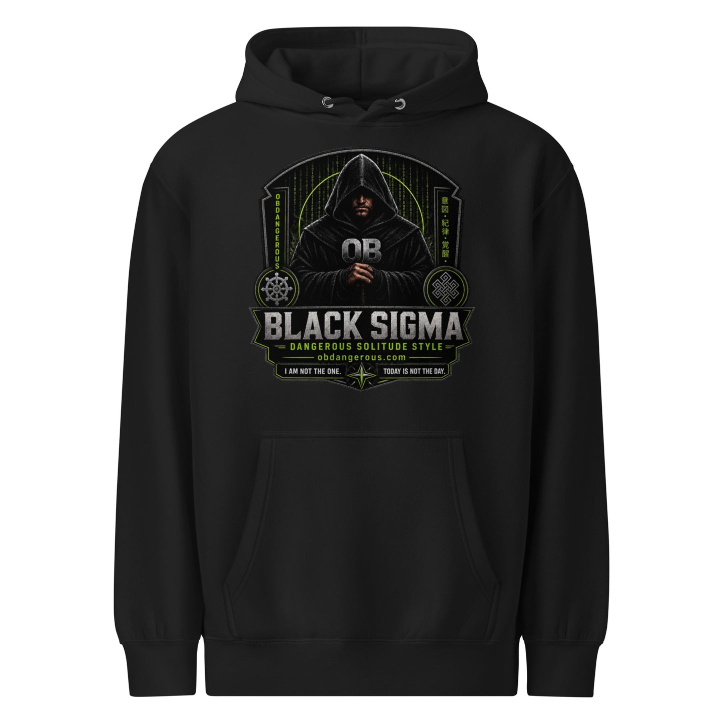 Black Sigma Never Too Old unisex premium mid-weight hoodie from OB DANGEROUS, shown front view, casual streetwear style.