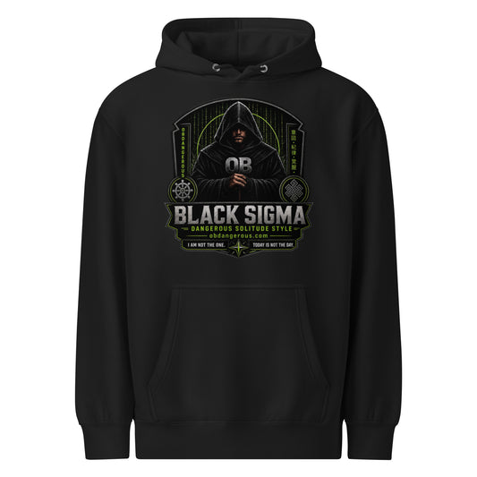 Black Sigma Never Too Old unisex premium mid-weight hoodie from OB DANGEROUS, shown front view, casual streetwear style.