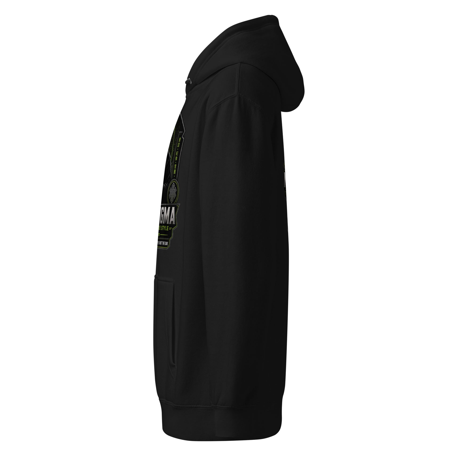 Black Sigma Never Too Old unisex premium mid-weight hoodie, designed by OB DANGEROUS, shown in a left-side view.