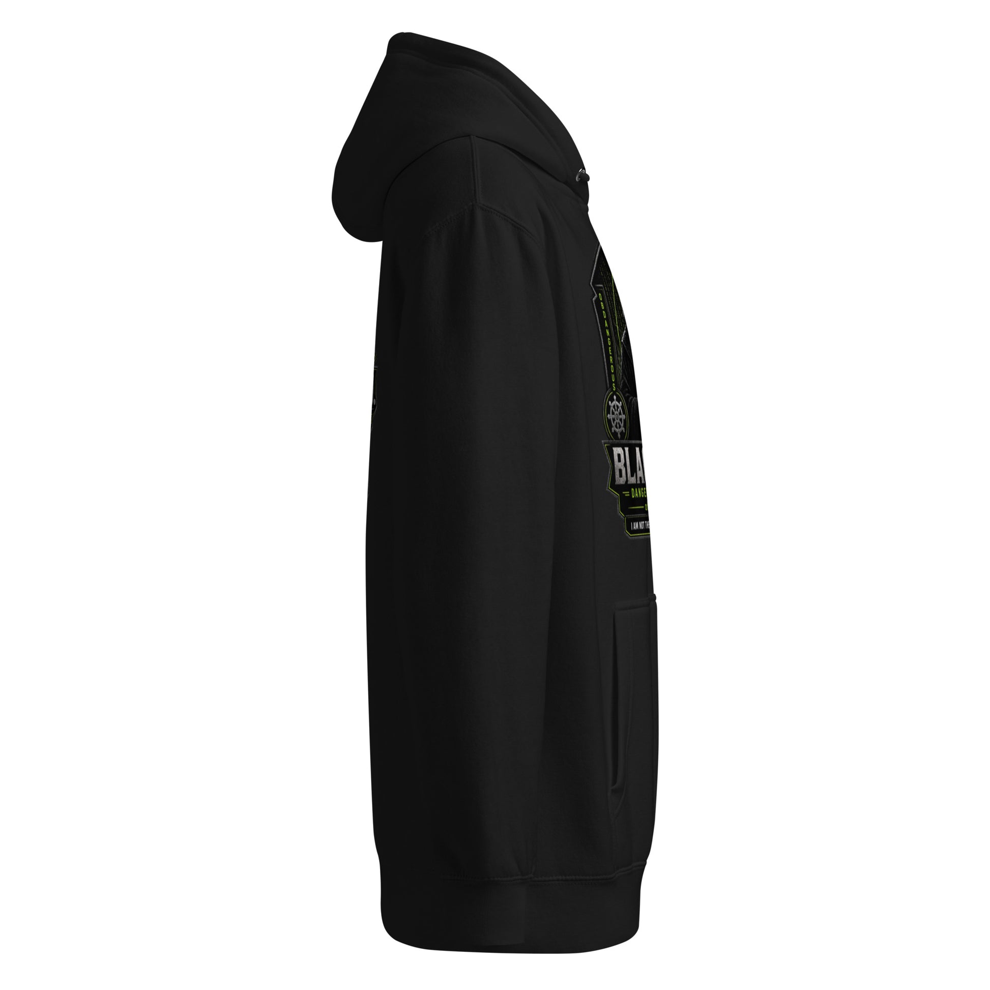 Black Sigma Never Too Old unisex premium mid-weight hoodie, casual streetwear style, shown from the right side.
