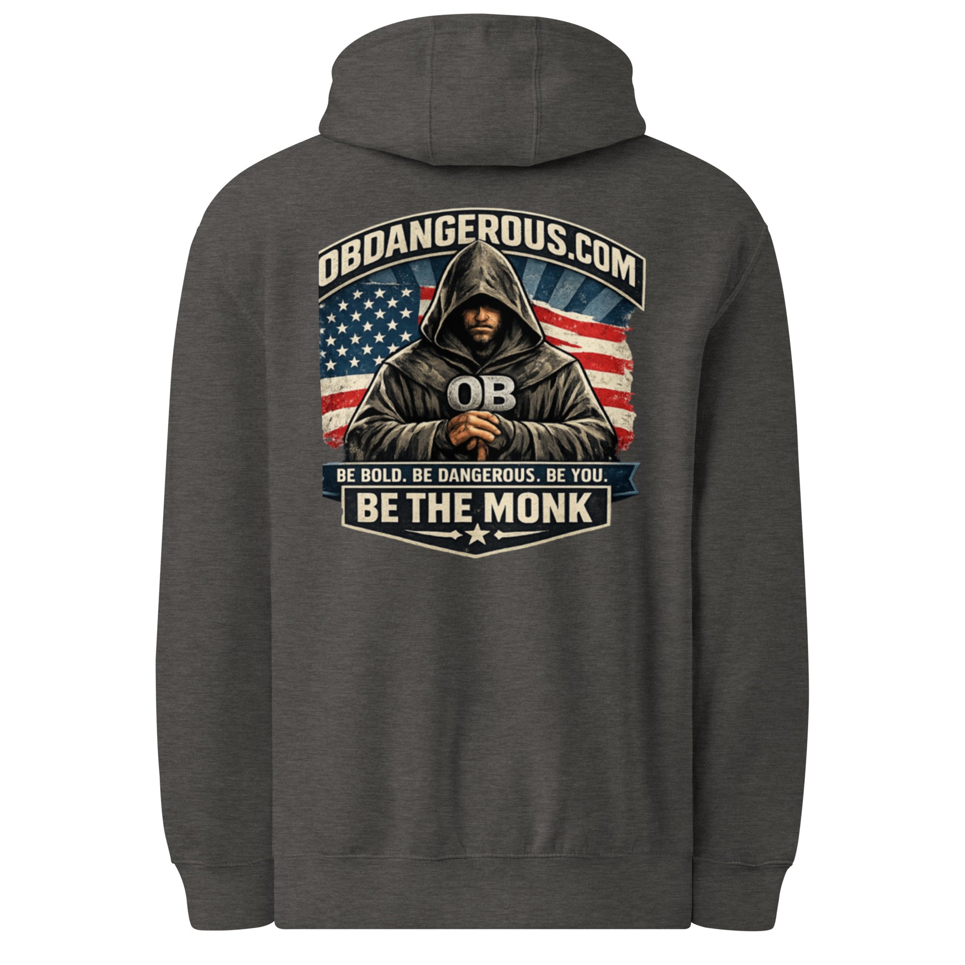 Unisex charcoal heather Be The Monk premium mid-weight hoodie by OB DANGEROUS, shown from the back with a relaxed fit.