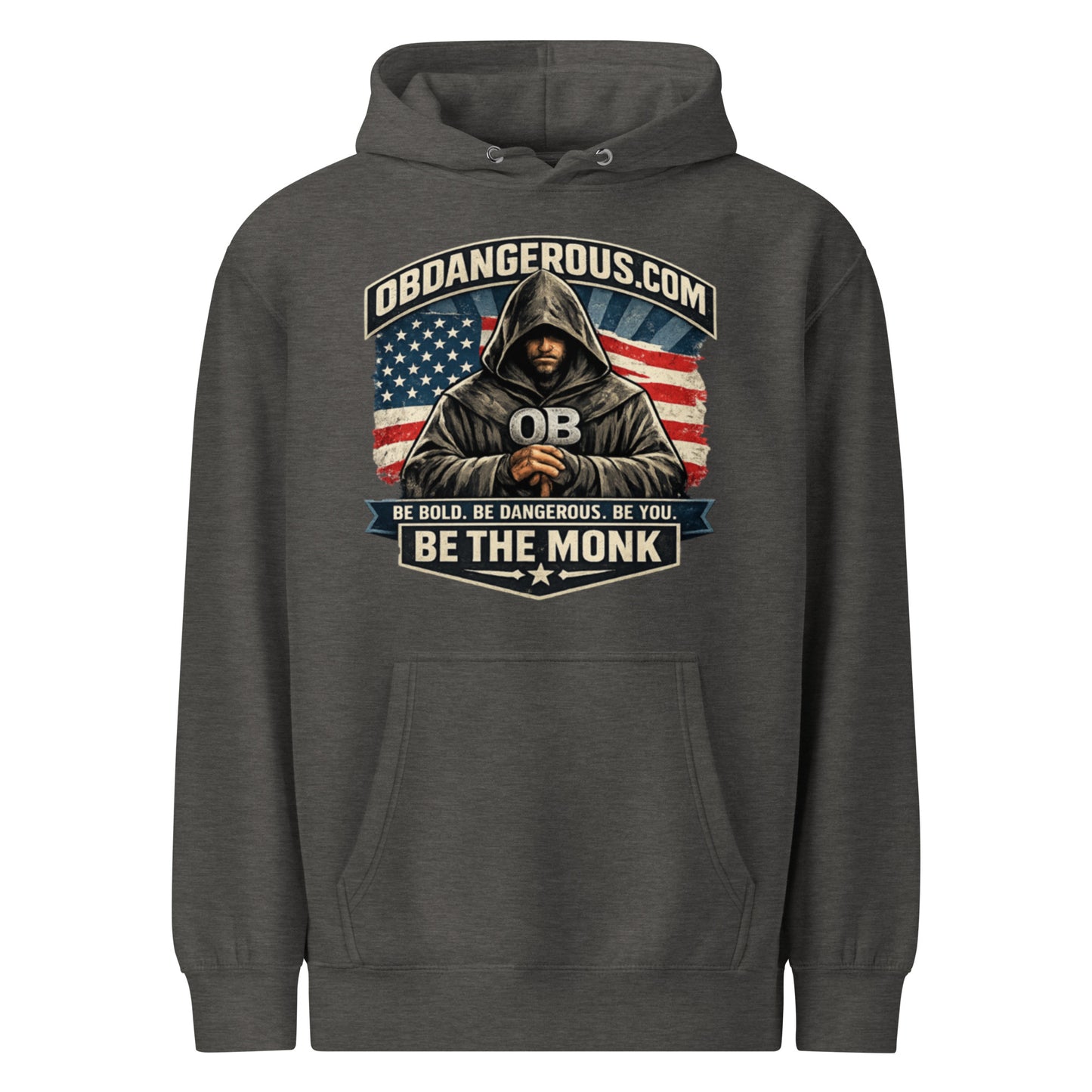 Unisex charcoal heather Be The Monk premium mid-weight hoodie by OB DANGEROUS, showcasing front view, casual streetwear style.
