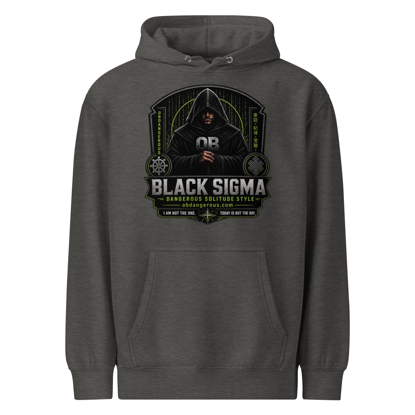 Unisex black Sigma Never Too Old premium mid-weight hoodie with front design, made by OB DANGEROUS, perfect for gym and streetwear.
