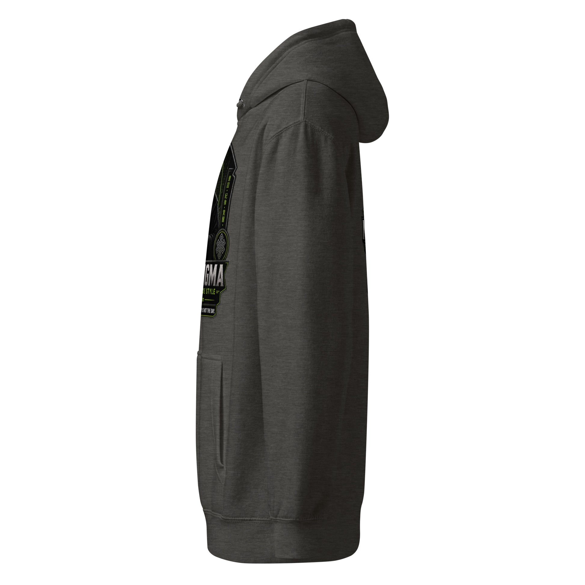Unisex charcoal heather Sigma Never Too Old premium mid-weight hoodie by OB DANGEROUS, designed for gym and streetwear, shown from the front.
