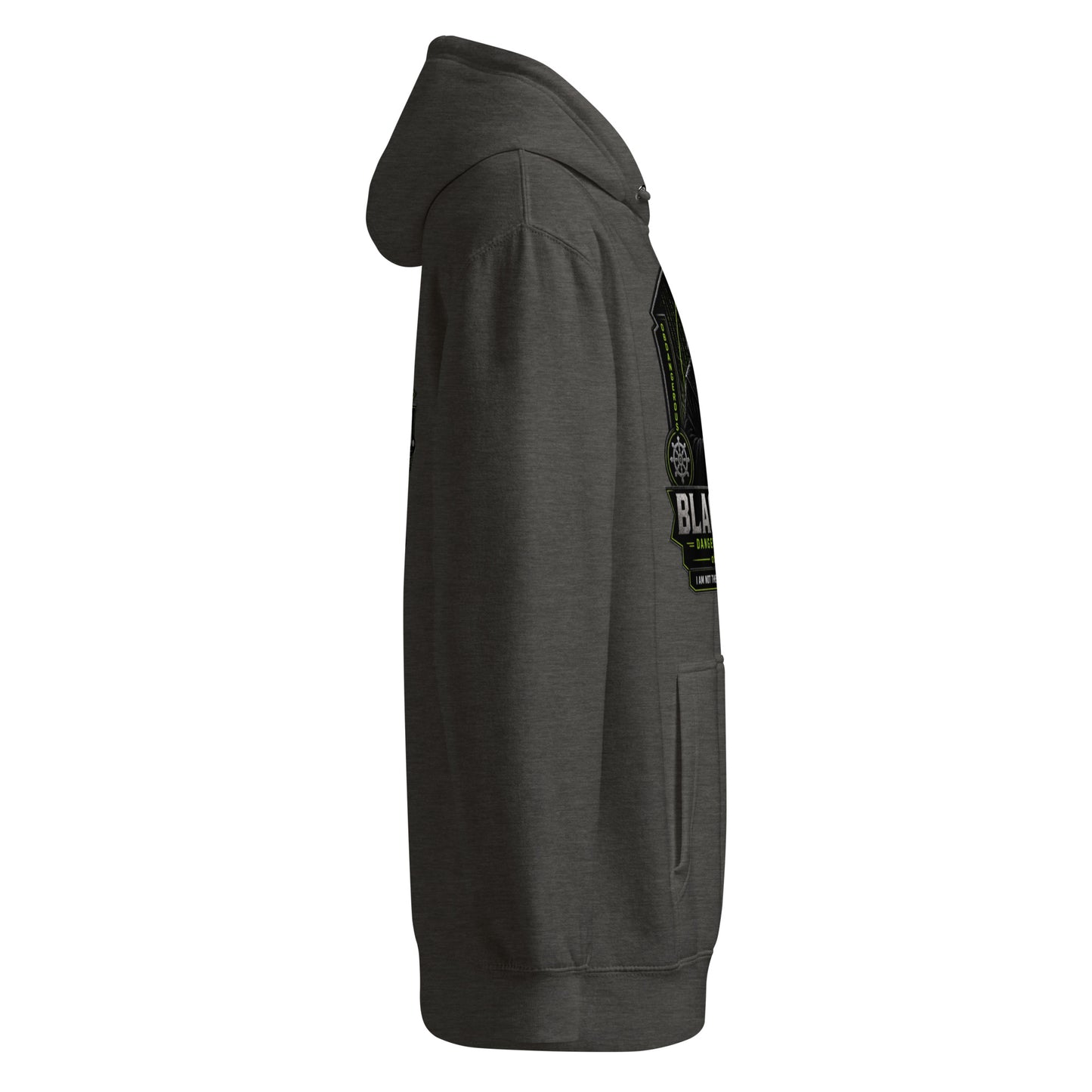 Black Sigma Never Too Old unisex premium mid-weight hoodie by OB DANGEROUS, shown in charcoal heather, casual streetwear style.