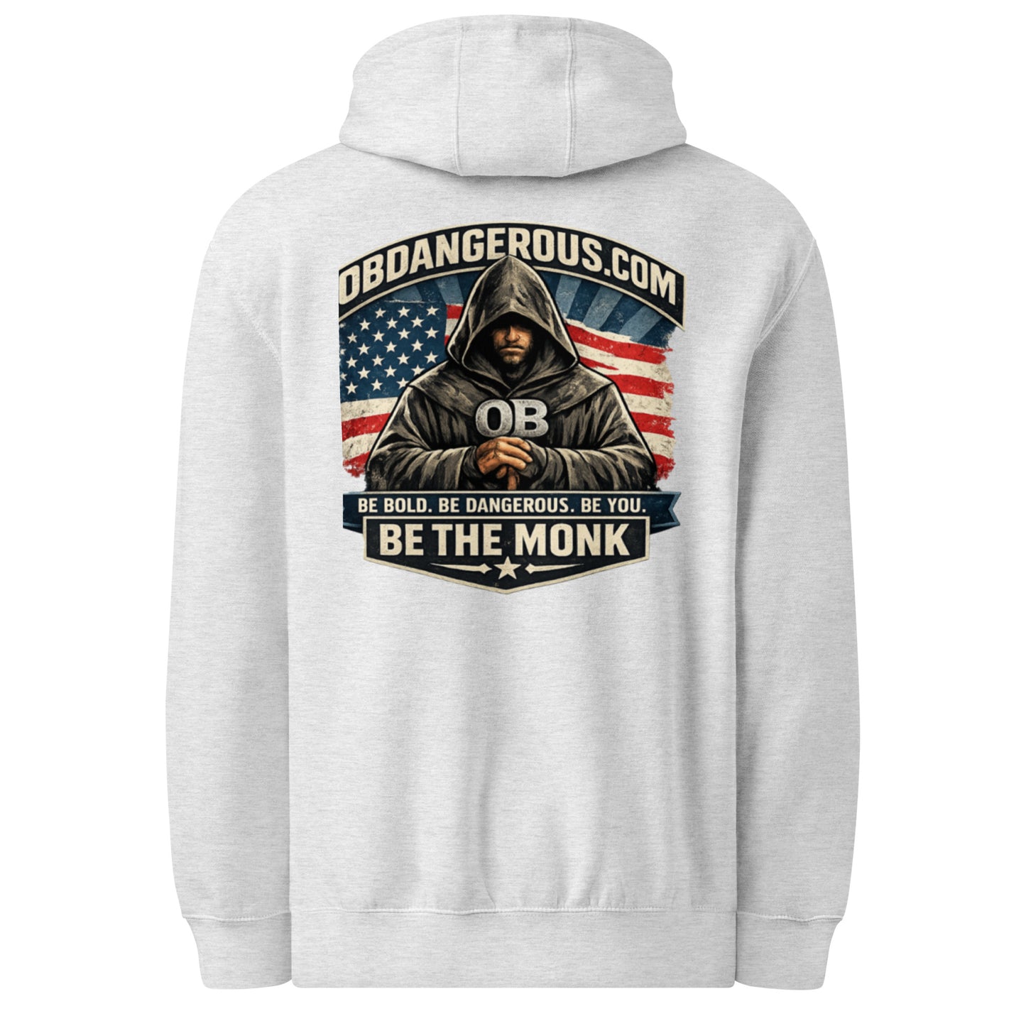 Unisex Be The Monk premium mid-weight hoodie in heather grey, featuring a back design, by OB DANGEROUS for gym and street style.