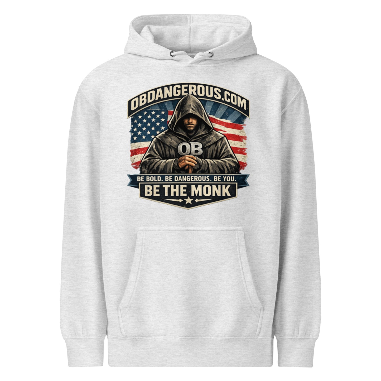 Unisex Be The Monk hoodie in heather grey with front graphic, made by OB DANGEROUS, designed for gym, street, and casual wear.