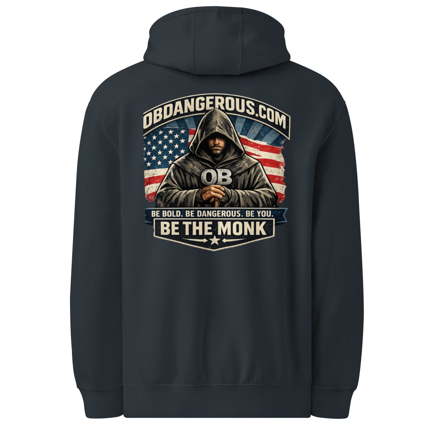 Navy Be The Monk unisex premium mid-weight hoodie by OB DANGEROUS, shown from the back with a relaxed fit and hood details.