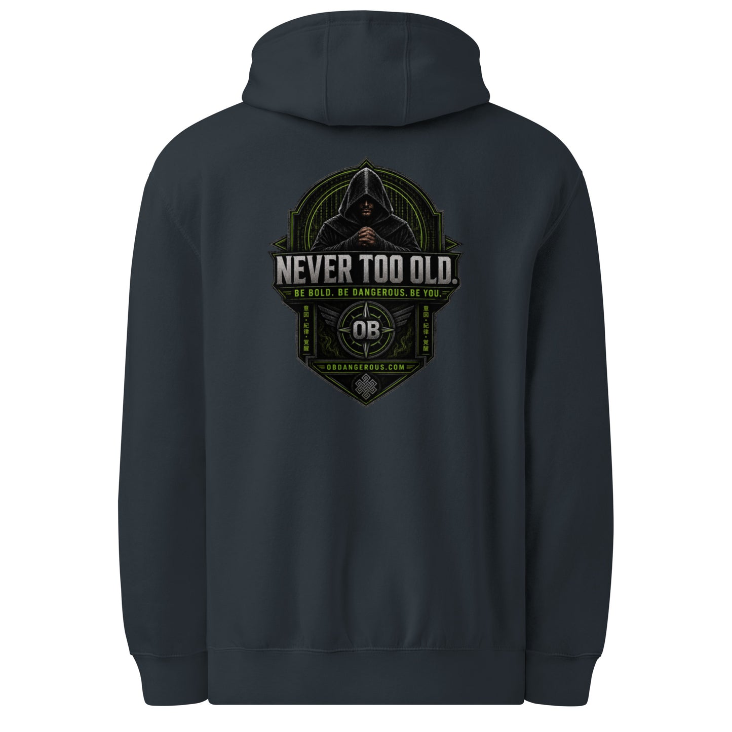 Black Sigma Never Too Old unisex premium mid-weight hoodie with a navy back, designed for gym, street, and casual wear by OB DANGEROUS.